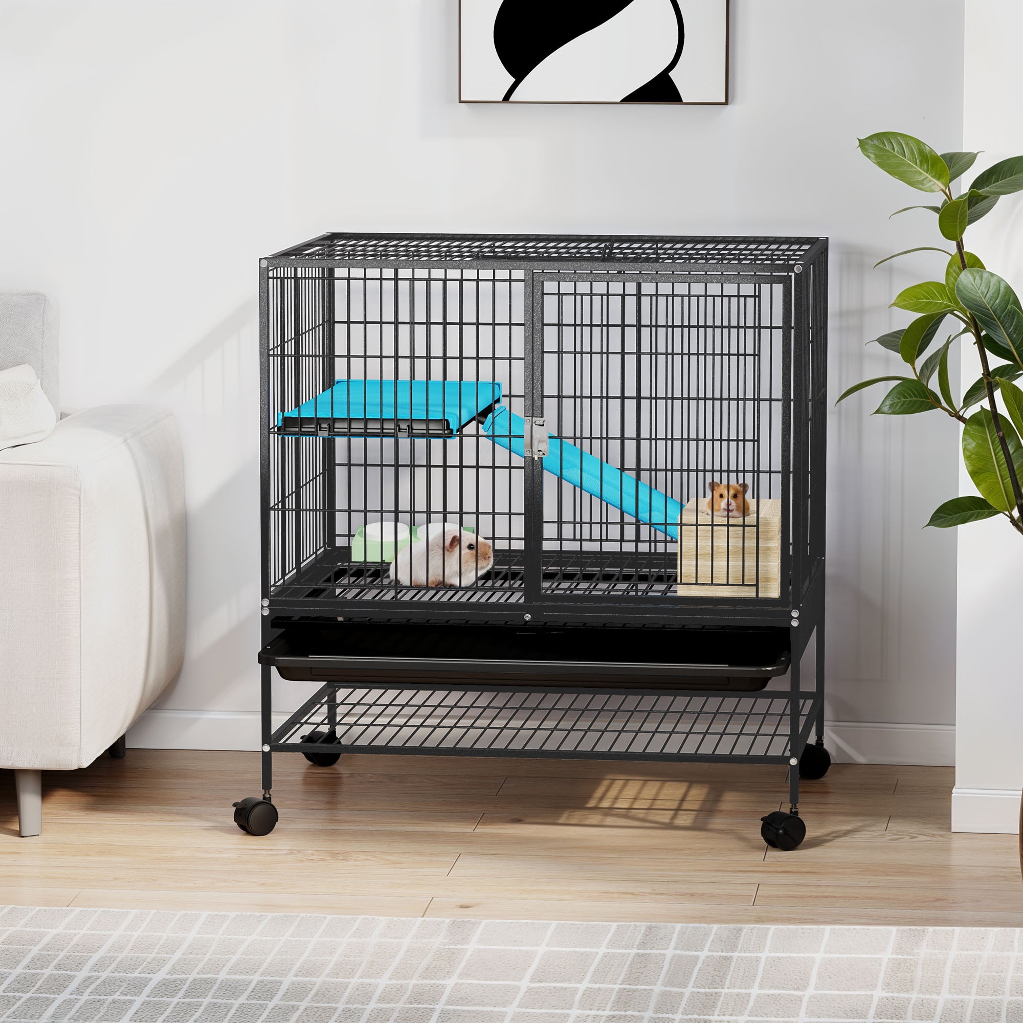 Uforic Small Animal Cage with Platforms & stair,Indoor Metal 2-Tiers Animal Cage for Rabbits, Chinchillas and Hamsters,4 universal 360 °wheels,Black - Image 5