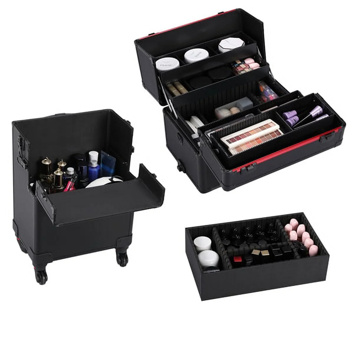 Alden Design 3-in-1 Rolling Professional Cosmetic Makeup Case, Black - Image 5