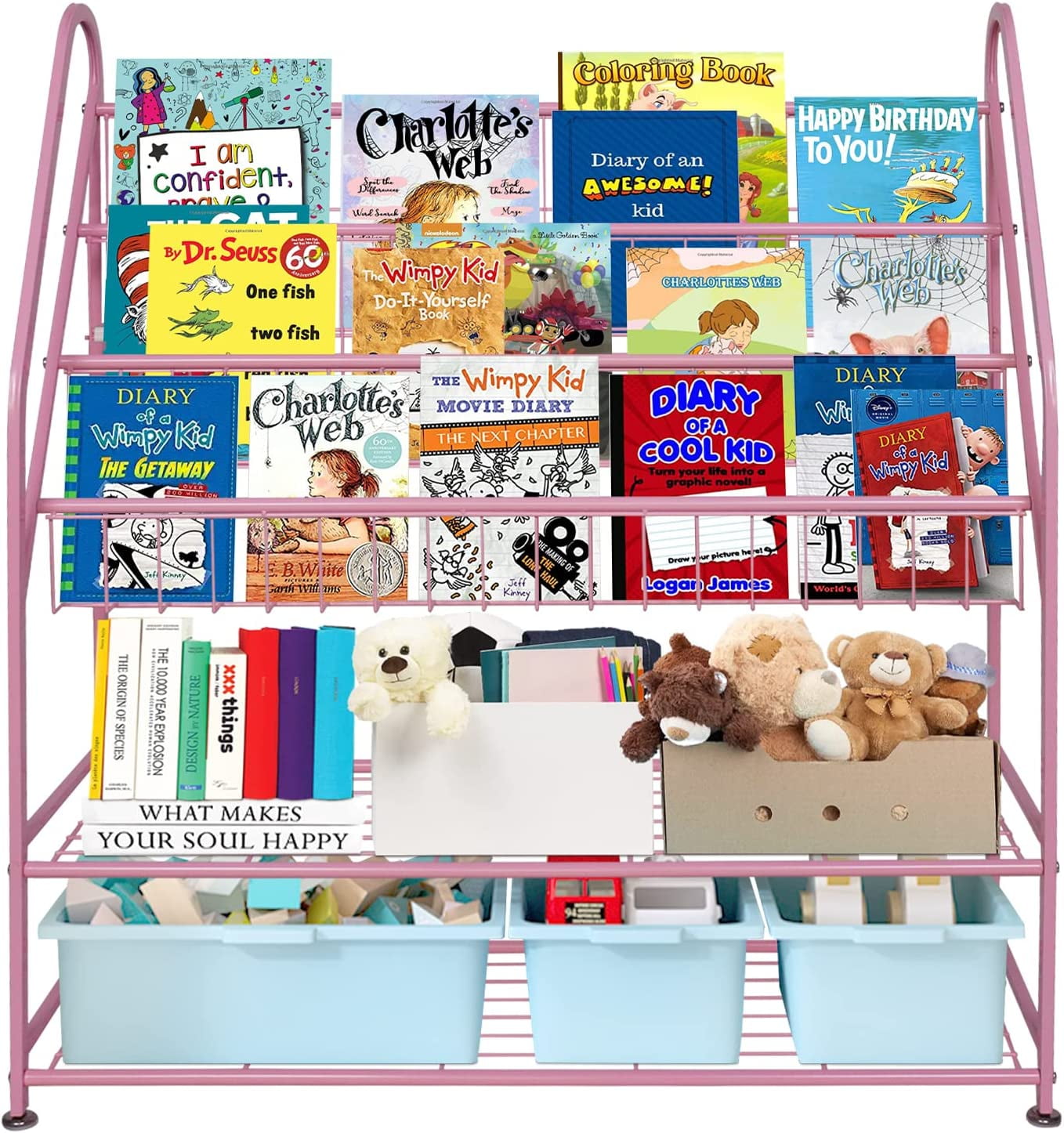 aboxoo Metal Kids Pink Bookshelf Freestanding for Children Girls Room 32 inches Large Toddler Pink Stable Bookcase Bookstore Library Book Unit Storage - Image 3