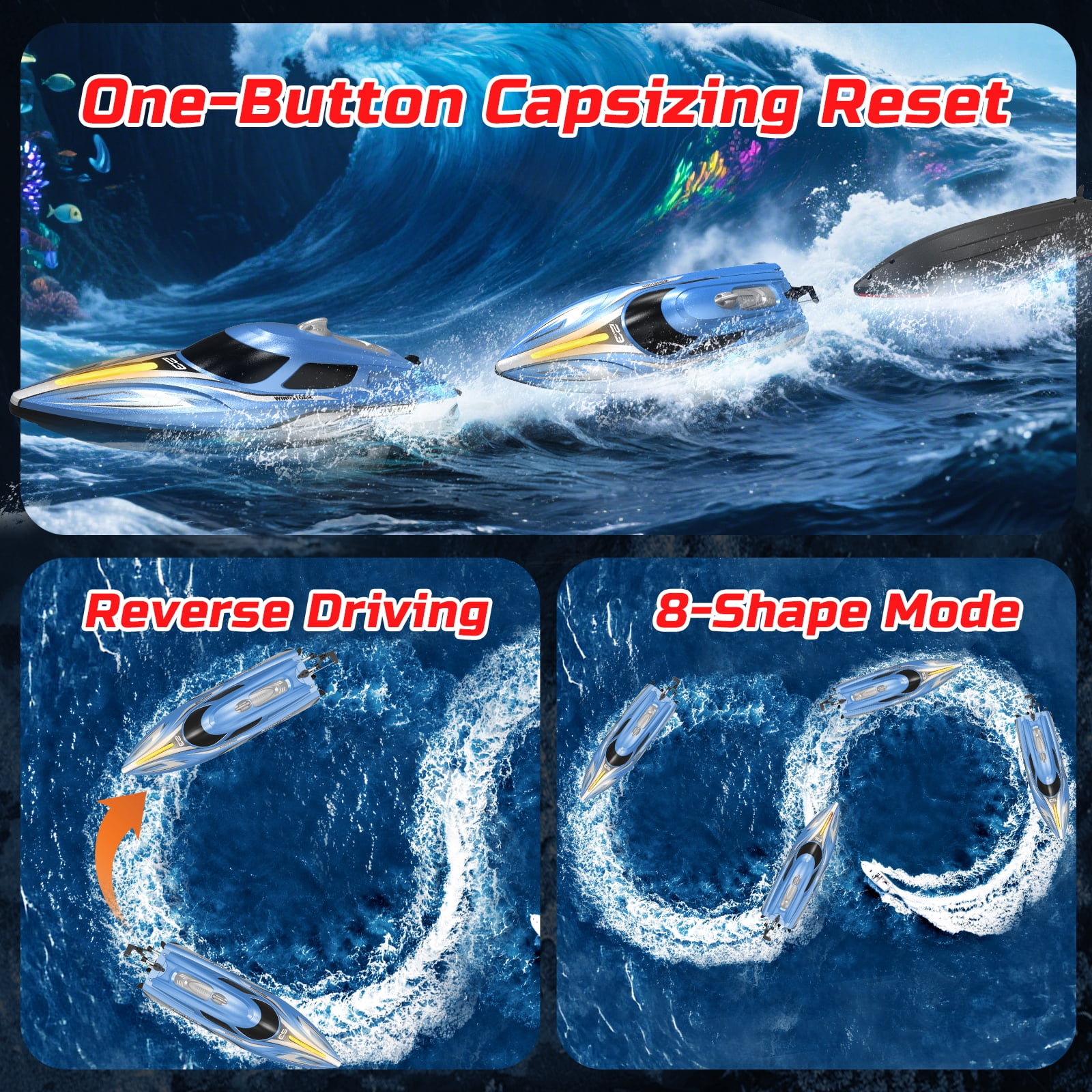 JoyStone 20+ mph RC Boat for Pool & Lakes, 14 inch Remote Control Boat with LED Lights, 2 Batteries 40Mins, Pool Toys for Adults & Kids (Blue) - Image 9