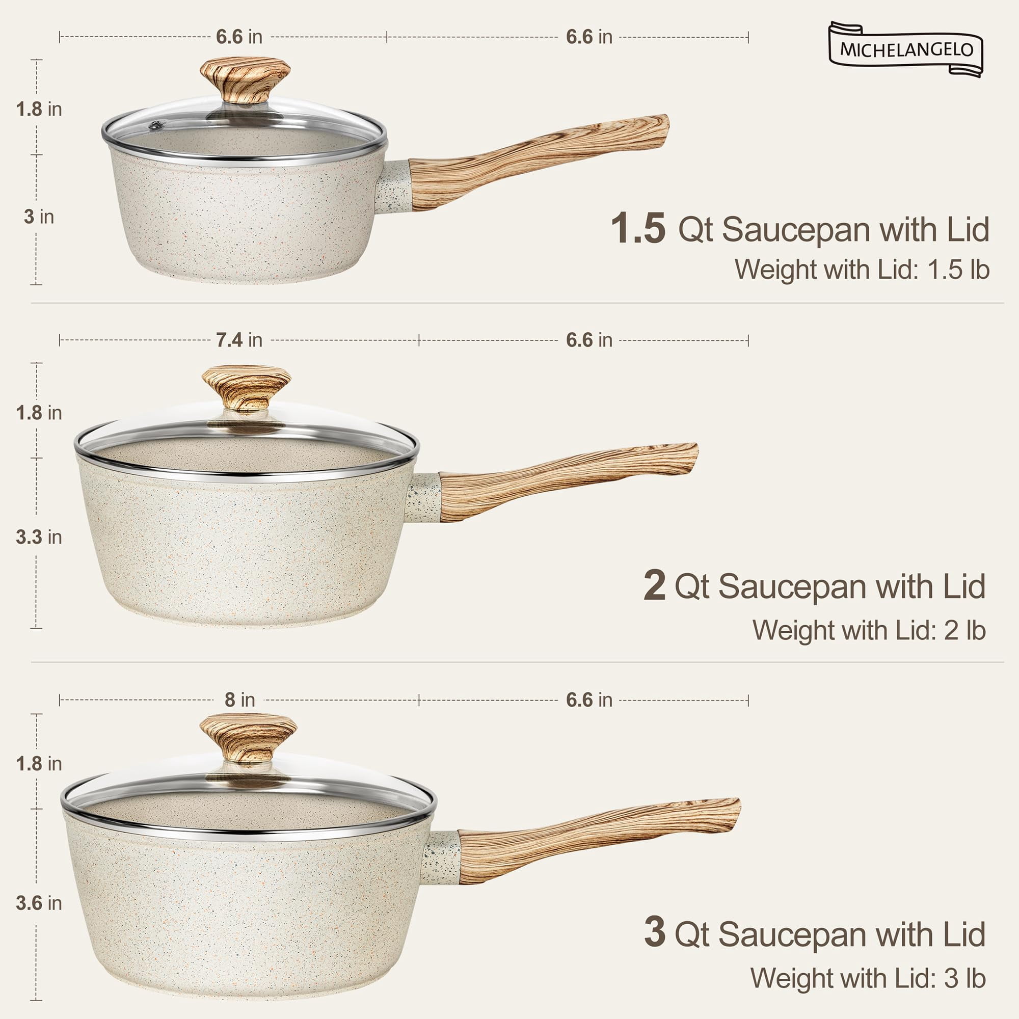 MICHELANGELO Sauce Pan with Lid, Nonstick Saucepans 1.5QT&2QT&3QT, Granite Sauce Pan 3 Piece, Stone Saucepan Set, Small Pot with Lid, Nonstick Sauce Pot Set - Image 6