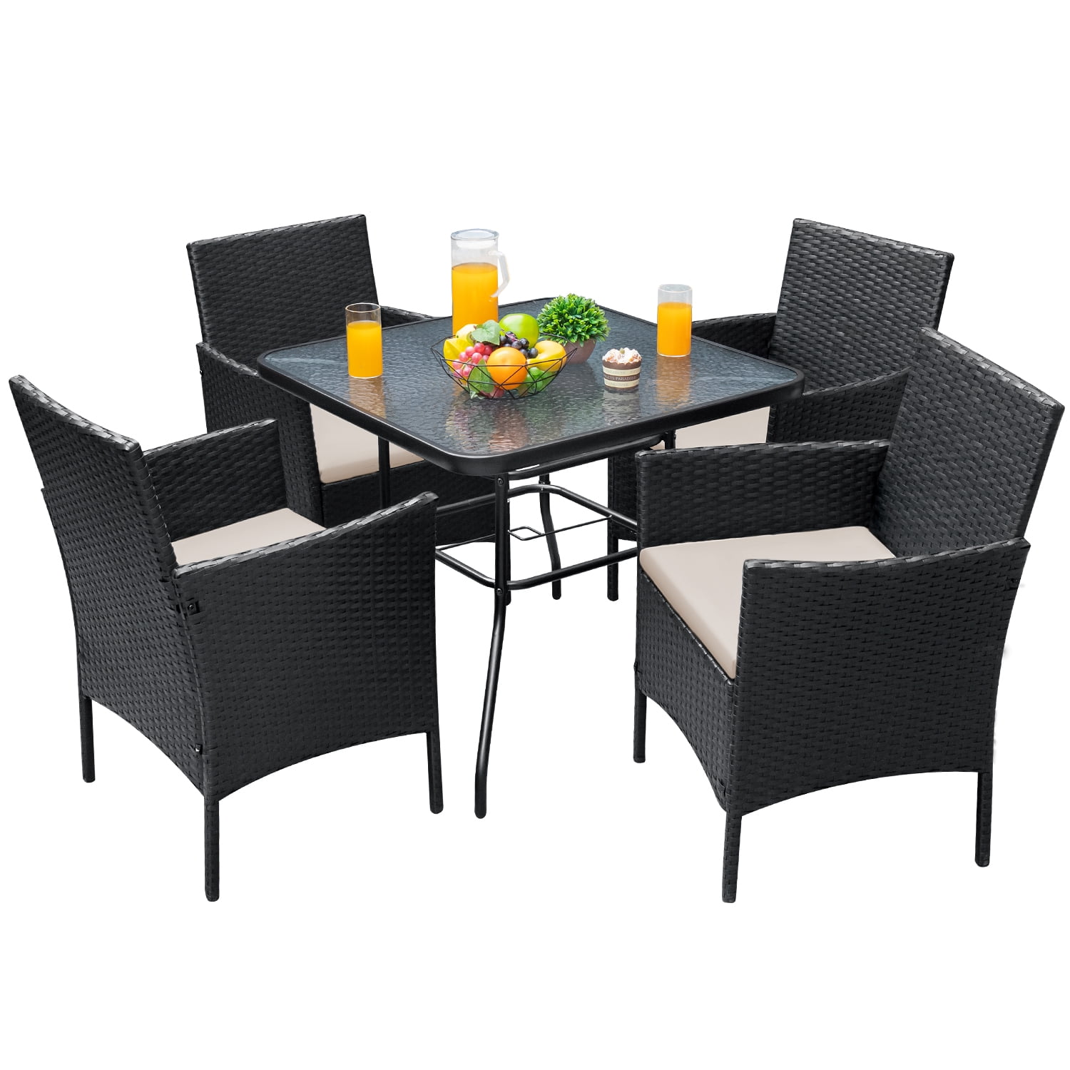 Vineego 5 Piece Patio Conversation Set Wicker Chairs Set with Tempered Glass Table, Beige - Image 6