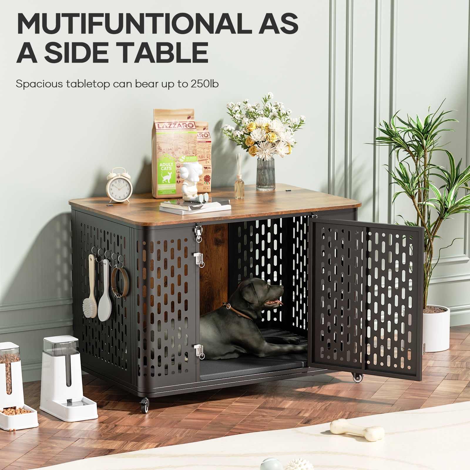 Naipo XL Heavy Duty Dog Crate Furniture, 43.7" Large Metal Dog Kennel, Chew Proof Prevent Escape for High Anxiety Dogs, Indoor Indestructible Dog Kennel, Rustic Brown - Image 8