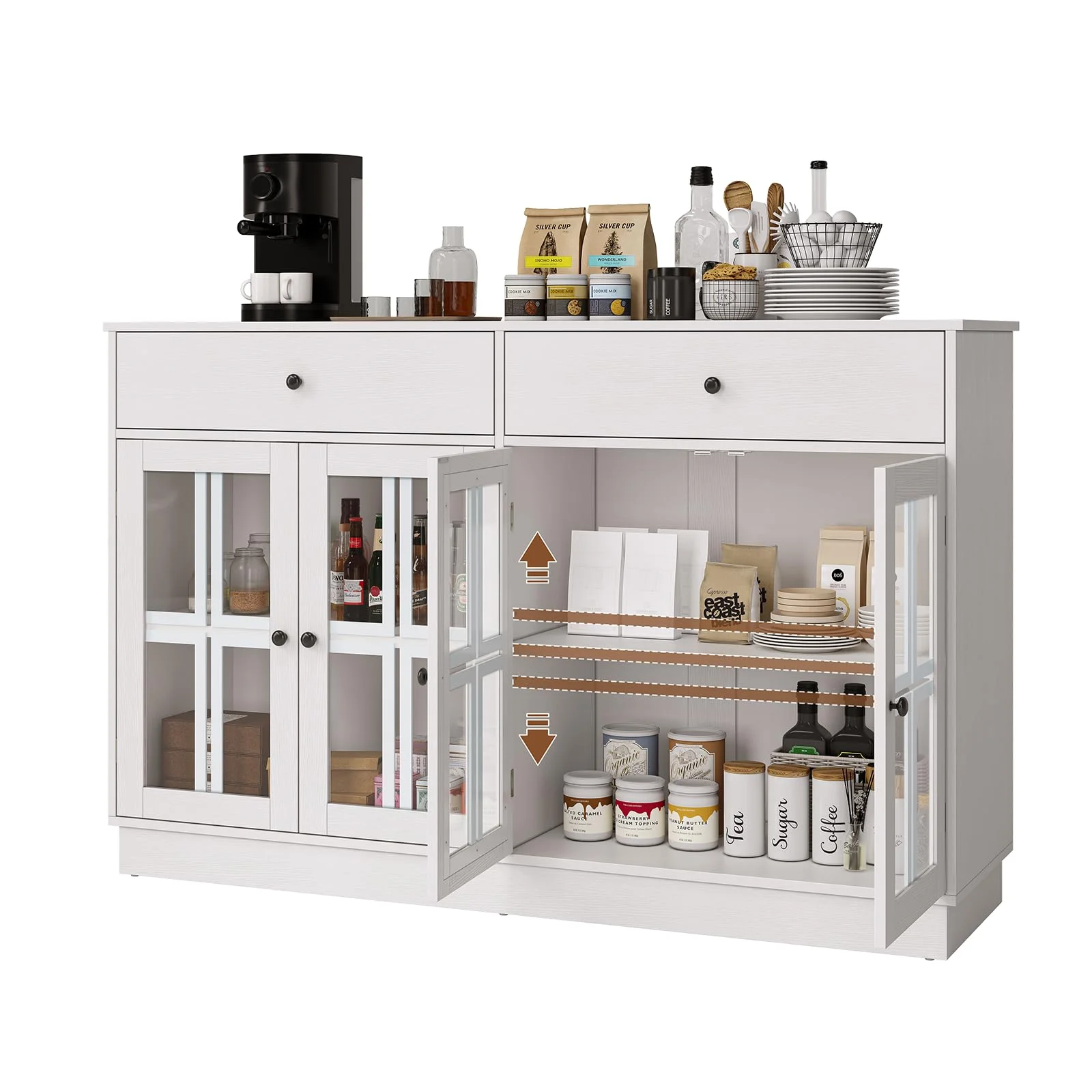 MARNUR 53.3" Modern Sideboard Buffet with 2 Drawers & 4 Glass Doors & LED Light, Large Kitchen Cabinet for Dining Room, Kitchen, Living Room, White - Image 8
