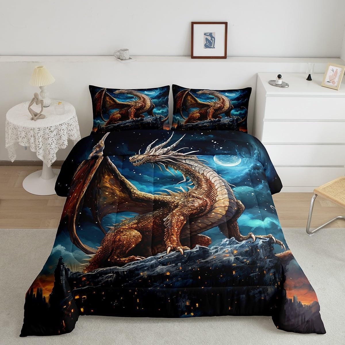 Erosebridal 3D Dragon Comforter Set Twin ,Blue Moon Nebula Galaxy Bedding Set Trippy Room Decor,Gothic Dragon Bedding Comforter Sets Animal Quilt Bed Set 2Pcs - Image 2