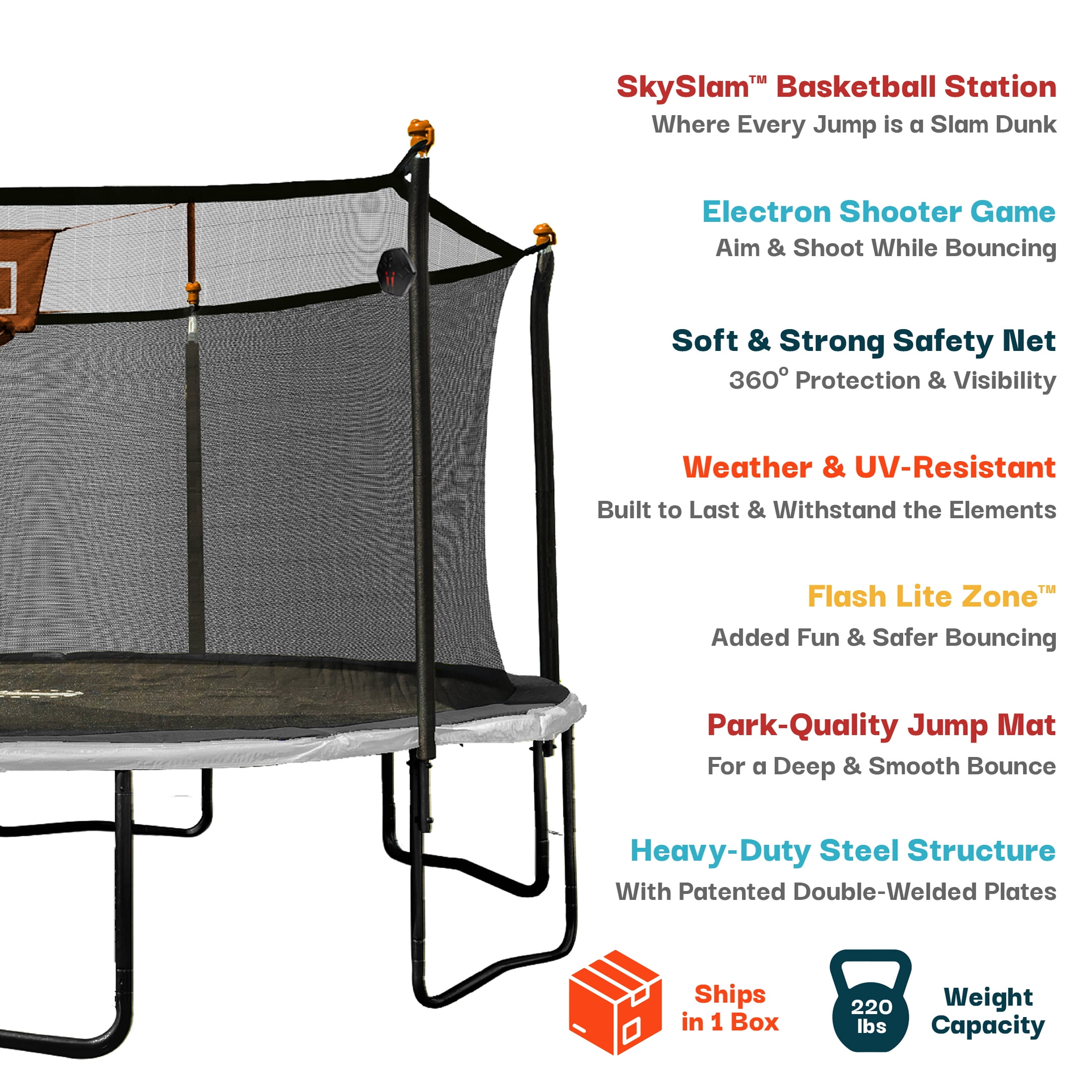 Bounce Pro 14ft Multiplay Trampoline & Enclosure Combo Set with Basketball, Electron Shooter Game, Flash Light Zone Features, Painted Legs & Phone Pouch - Image 7