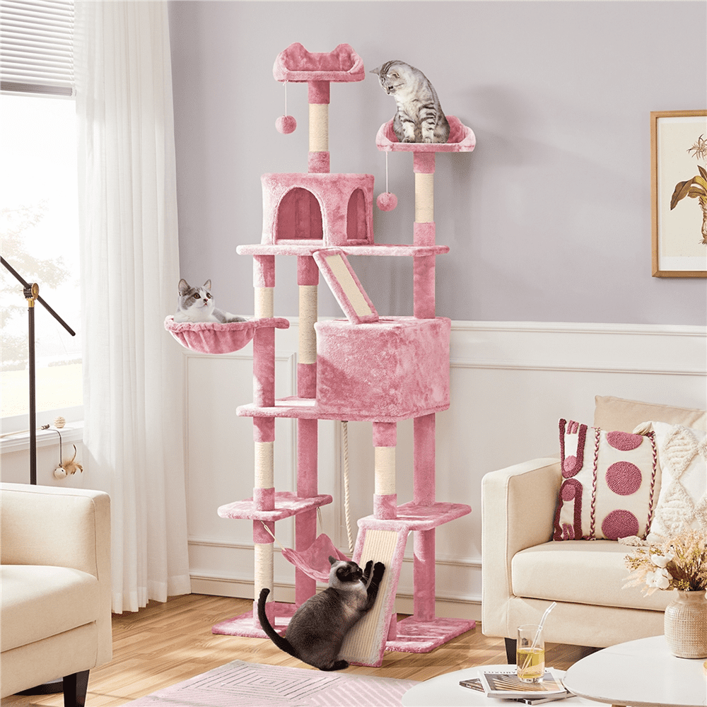 Alden Design 82.5" H Multi Level Cat Tree with 2 Cozy Condos and Basket, Pink - Image 3