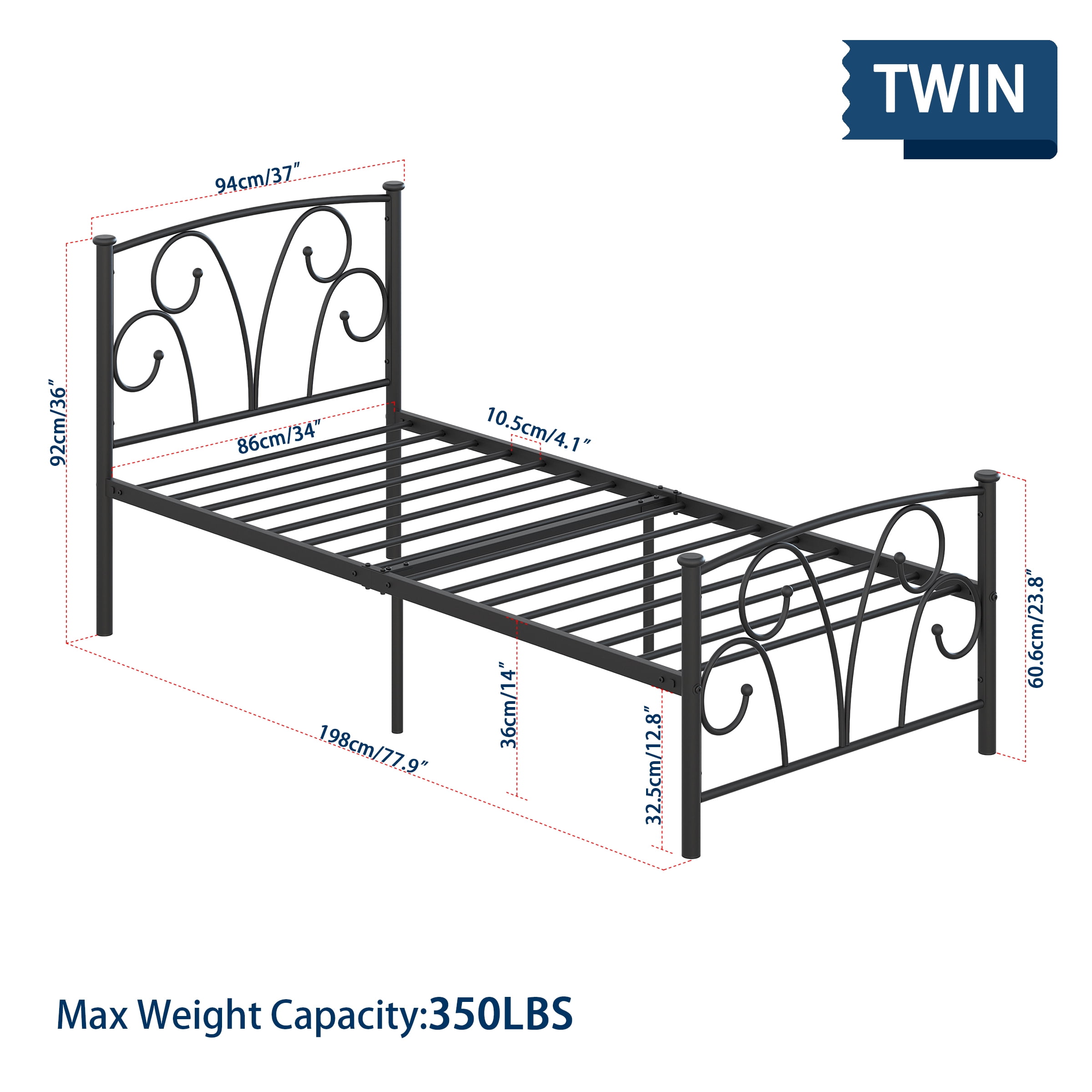 Yoneston 14" Heavy Duty Twin Metal Platform Bed Frame with Headboard for Bedroom Furniture, Black - Image 7