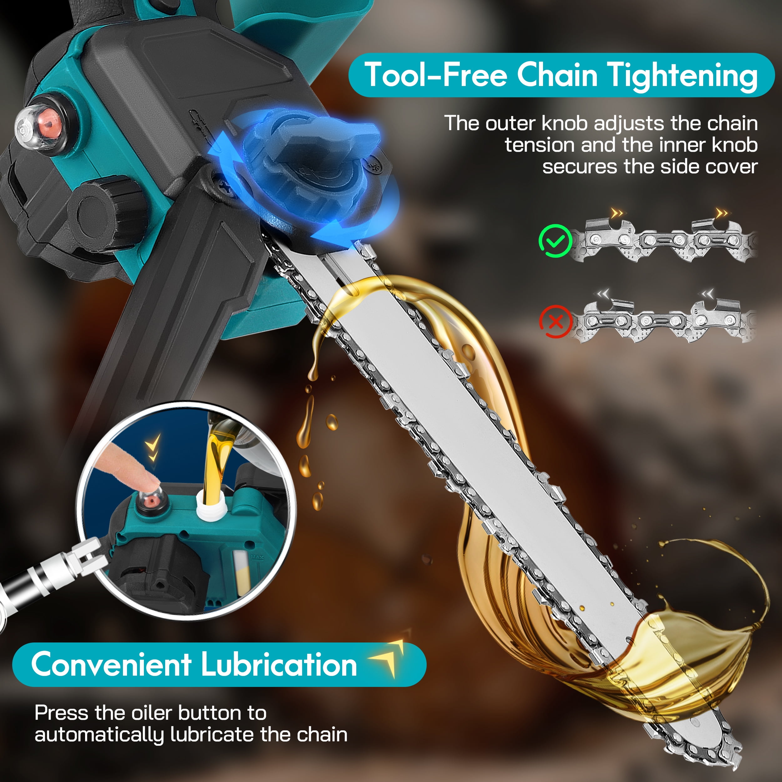 RELOIVE 2-in-1 Brushless Pole Saw & 8" Chainsaw, 21V 4000mAh 14.1ft Cordless for Tree Trimming/Wood Cutting - Image 8