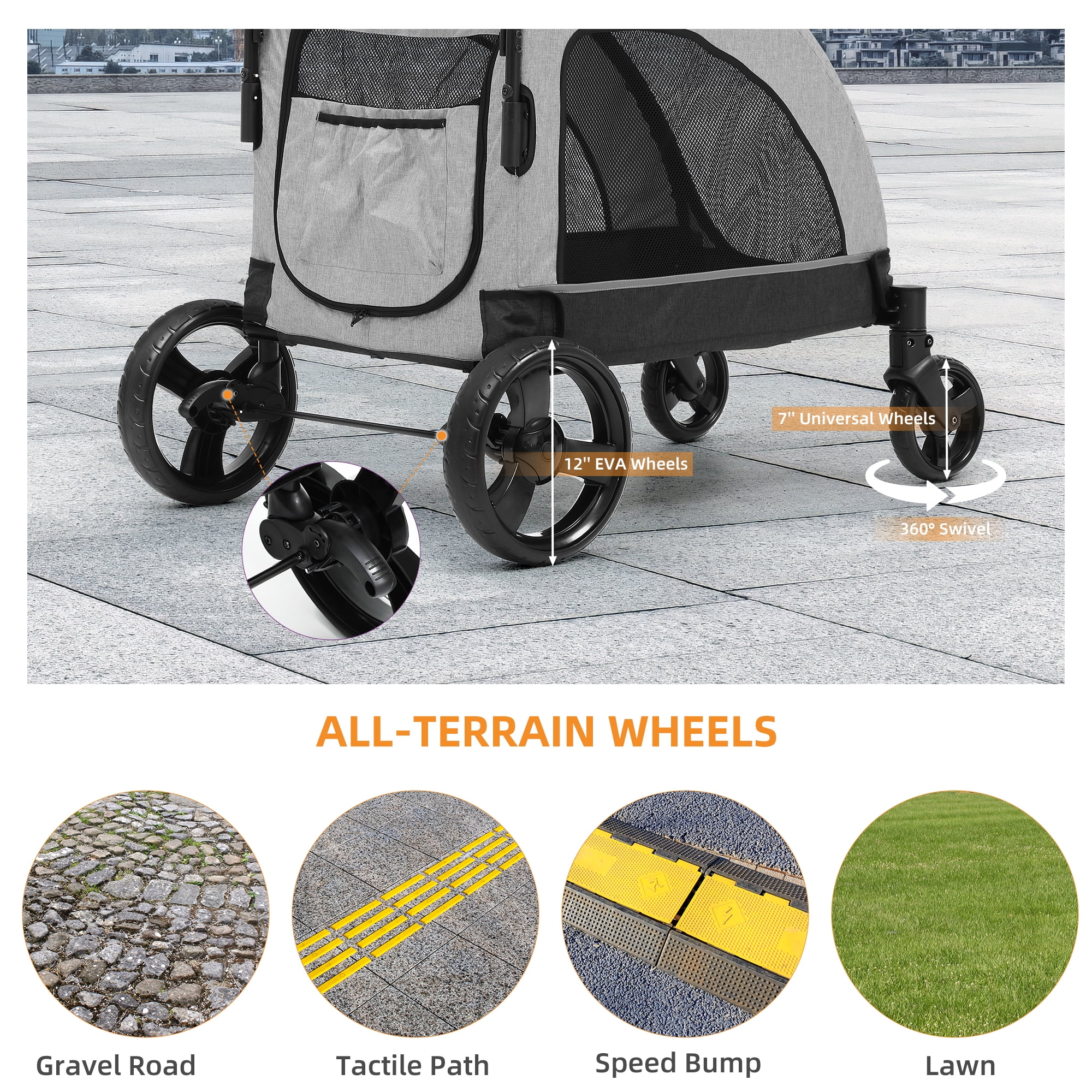 Uforic Foldable Dog Stroller, 4-Wheel Pet Stroller with Dual-Entry, Adjustable Handle for Large Dogs, Outdoor Adventure Pet Carrier Jogging Stroller, Gray - Image 2