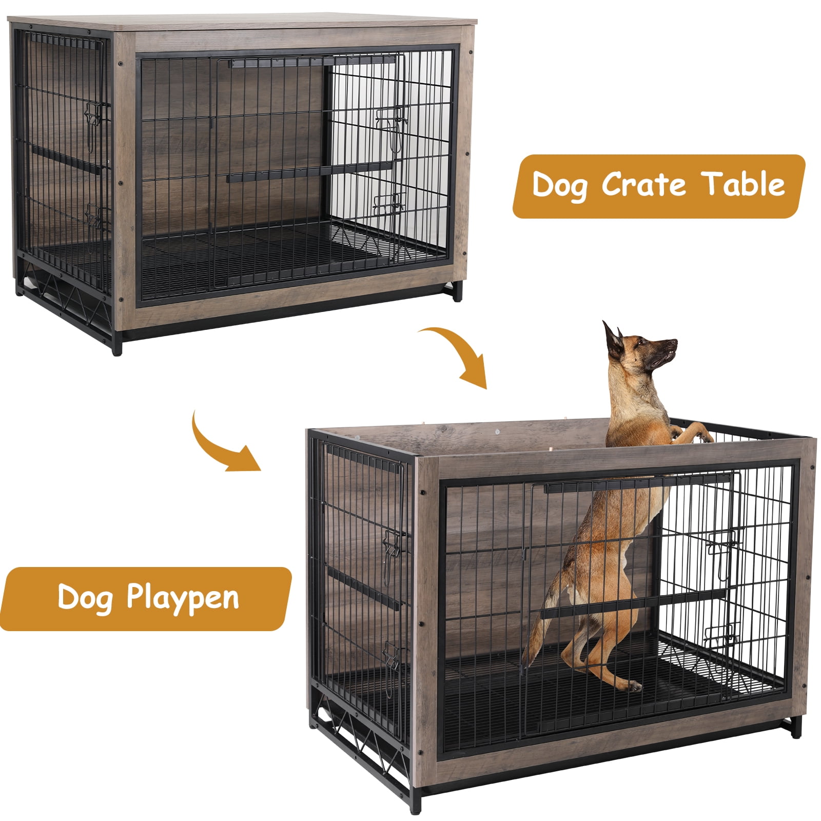 Arlopu 44.1'' Large Dog Crate Furniture, Wooden Dog Cage End Table Indoor Dog Kennel with Double Doors & Pull-Out Tray for Small, Medium, Large Dogs Under 80 lb - Image 12