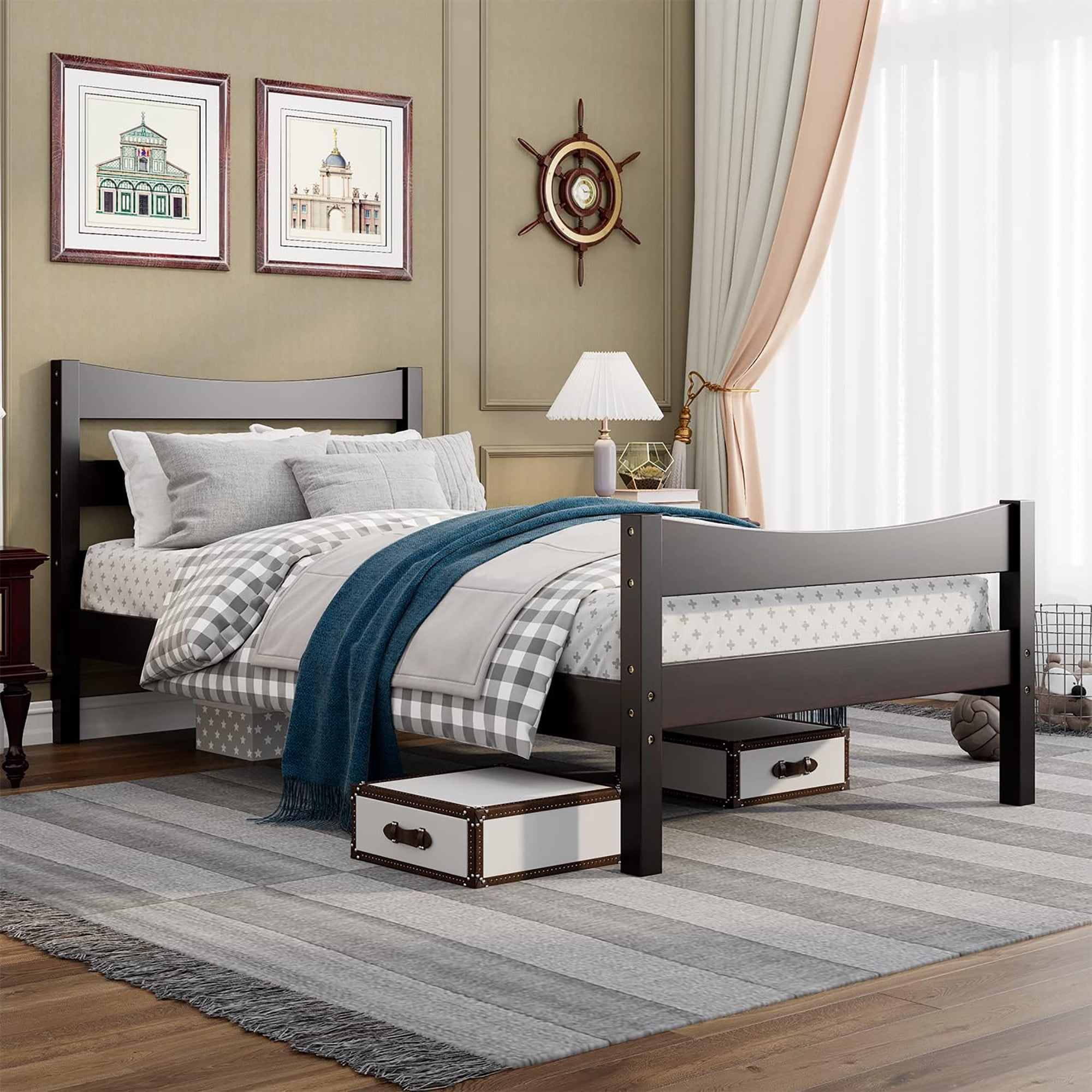 Gymax Twin Size Platform Bed Frame Foundation w/Headboard &Wood Slat Support Espresso - Image 10