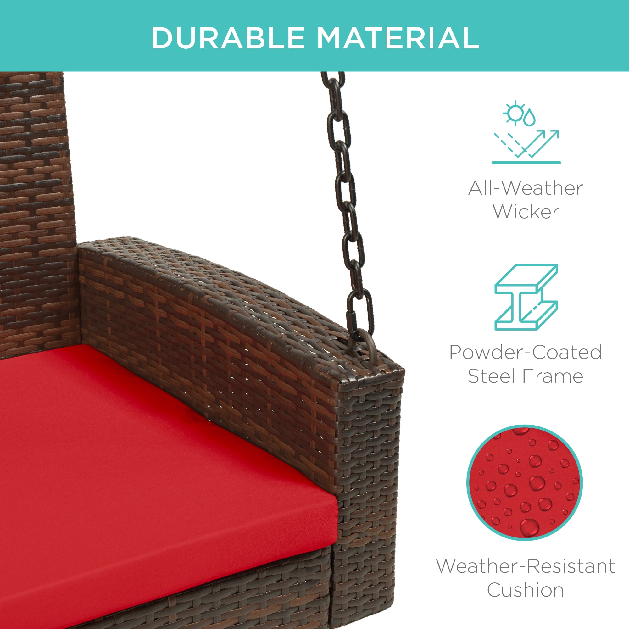 Best Choice Products Woven Wicker Hanging Porch Swing Bench for Patio, Deck w/ Mounting Chains, Seat Cushion - Brown/Red - Image 3