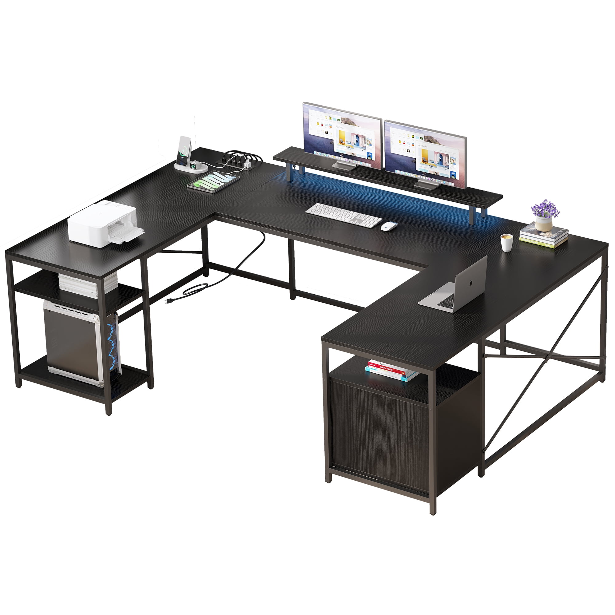 Dextrus L Shaped Desk with Power Outlets & LED Lights, Reversible Computer Desk with Drawers & Storage Shelves, Large U Shaped Desk, Black - Image 5