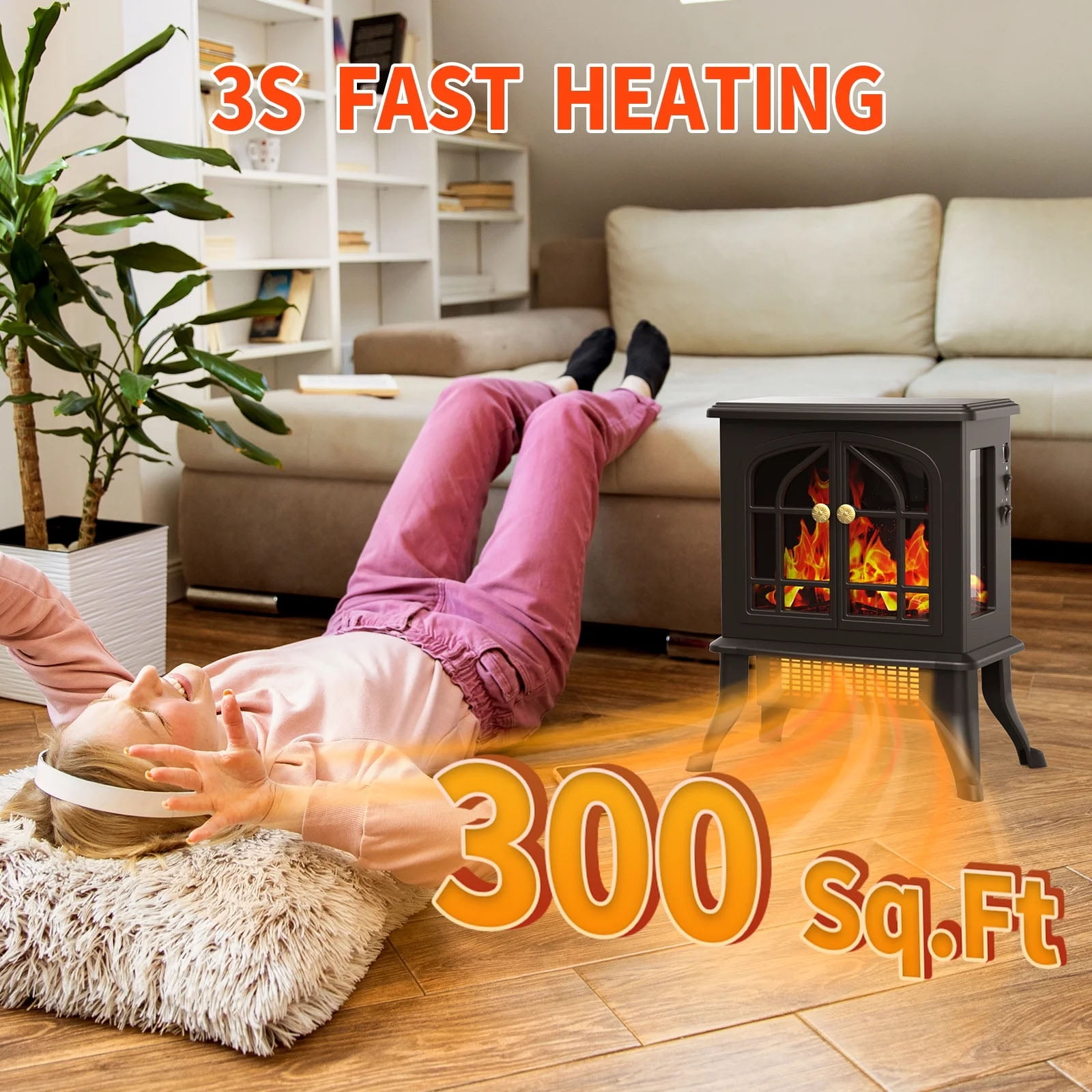 HONGGE Electric Fireplace-Indoor Freestanding Space Heater with Faux Log and Flame Effect, Black - Image 5