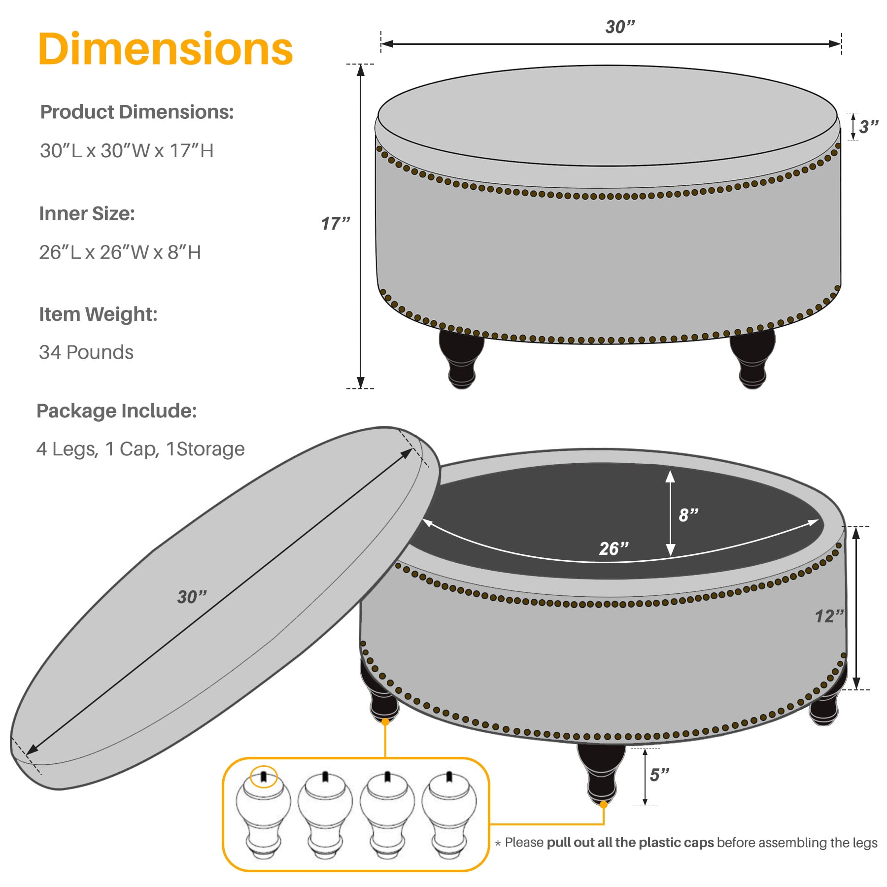 Upholstered 30" Round Storage Button Ottoman, Nail Head Tufted Seating, with Removable Lid Dark Grey - Image 5