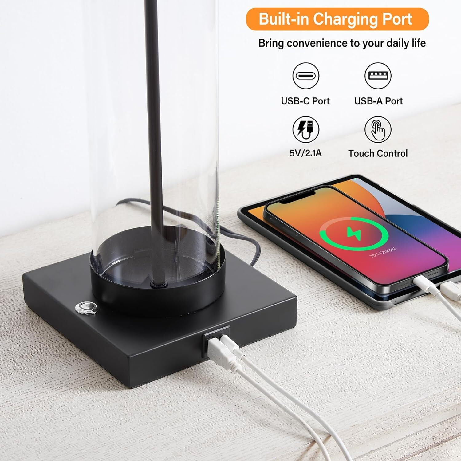 NATYSWAN Glass Table Lamps Set of 2 ,3 Way Dimmable Nightstand Touch Lamps for Living Room,Modern Bedside Reading Lights with USB Ports - Image 7