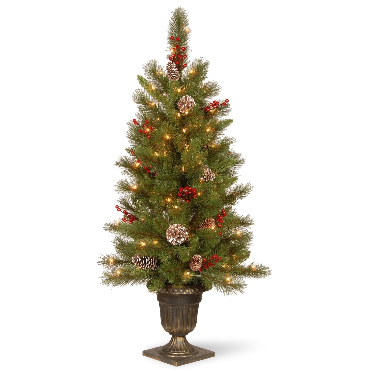 National Tree Company 4 ft. Pre-Lit Feel Real® Pre-Lit Artificial Bristle Berry Pine Christmas Entrance Tree, Green, Red Berries, Frosted Pinecones, 100 Clear Lights, Bronze Pedestal Urn - Image 2
