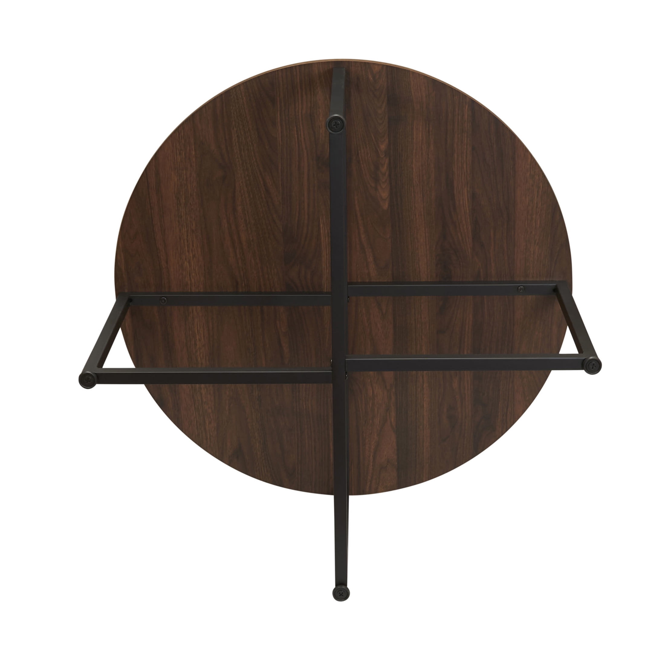 Household Essentials Jamestown Round Coffee Table Mid Century Walnut Wood Grain and Black Metal - Image 10