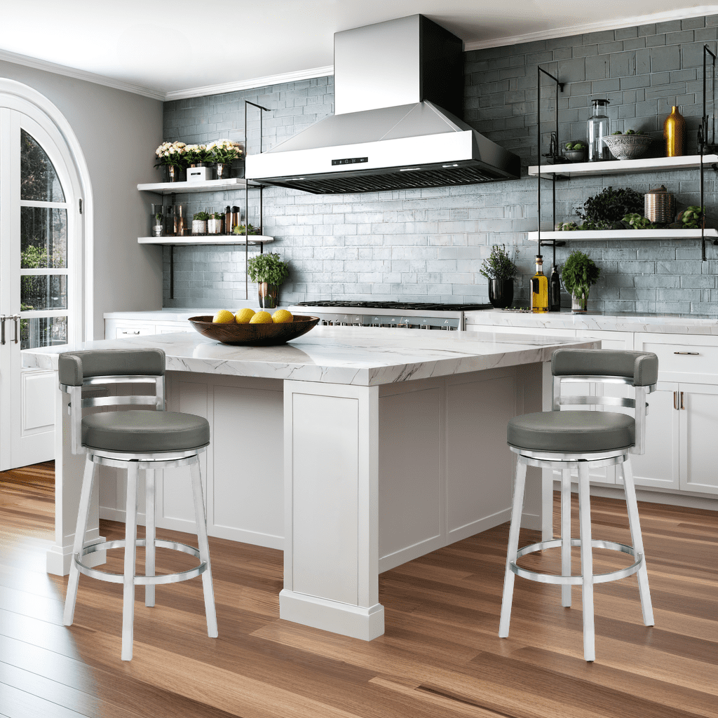 Madrid 26" Counter Height Swivel Gray Faux Leather and Brushed Stainless Steel Bar Stool - Image 9