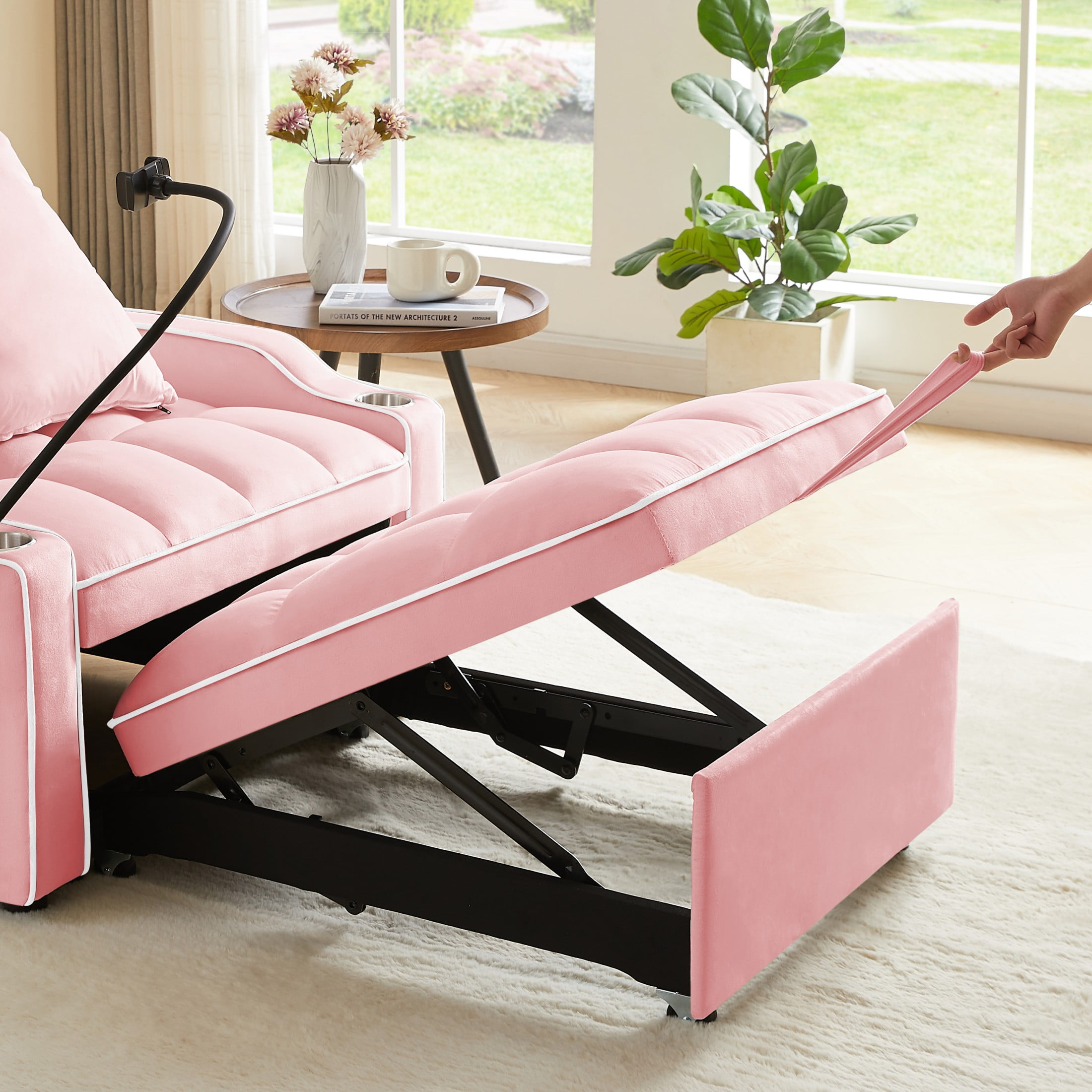 Aukfa Convertible Sleeper Chair Bed with USB Port, Cup Holder and Swivel Phone Holder, Pull Out Sofa Chair for Living Room/Bedroom/Small Space, Pink - Image 6