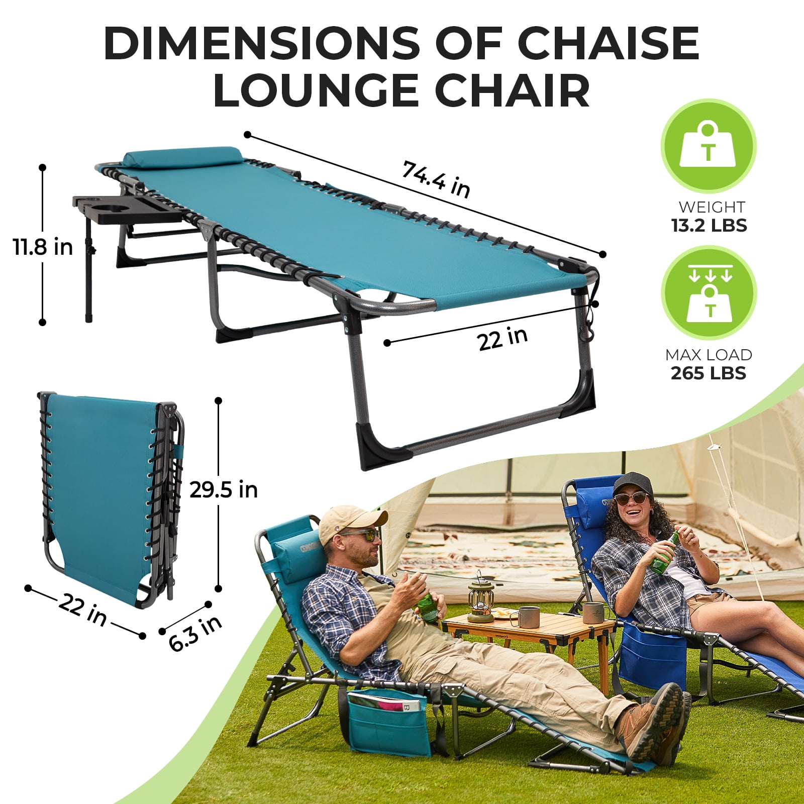 Fundango 2 Pack Folding Chaise Lounge Adjustable Lounge Chair Reclining Lawn Chair with Pillow for Beach Pool Patio Cyan - Image 5