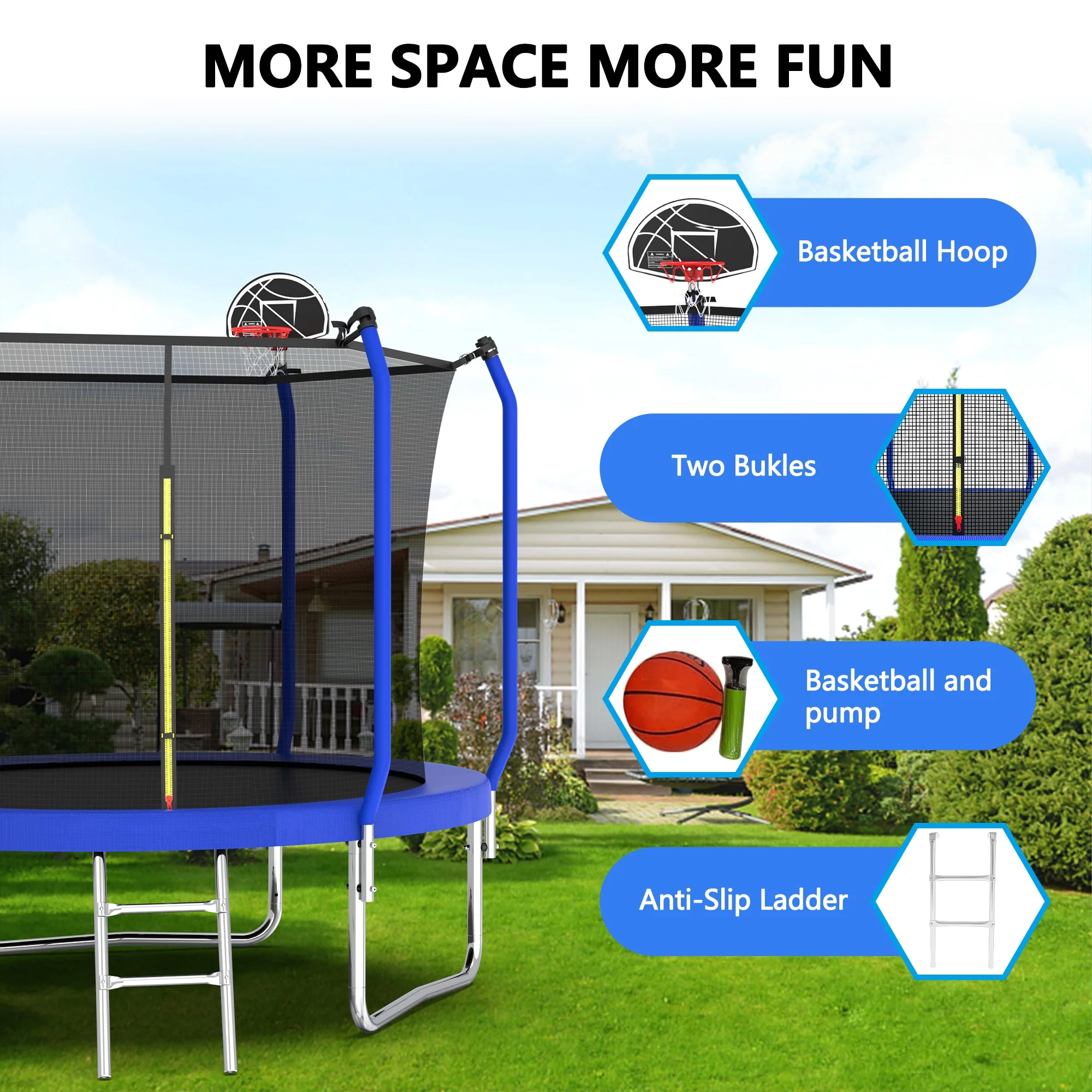 Yoneston 8FT Outdoor Trampoline with Basketball Hoop, 880LBS Heavy Duty Reinforced Trampoline with Safety Enclosure Net and Ladder for Kids Teens Adults, Blue - Image 3