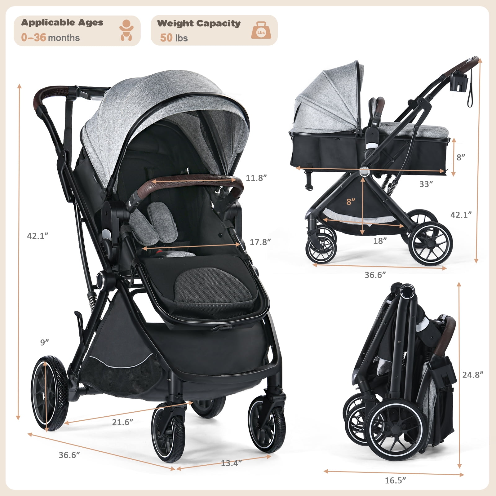 AILEEKISS Baby Stroller, 3 in 1 Stroller for Newborn, Folding Infant Pushchair, 22LB, Grey - Image 10