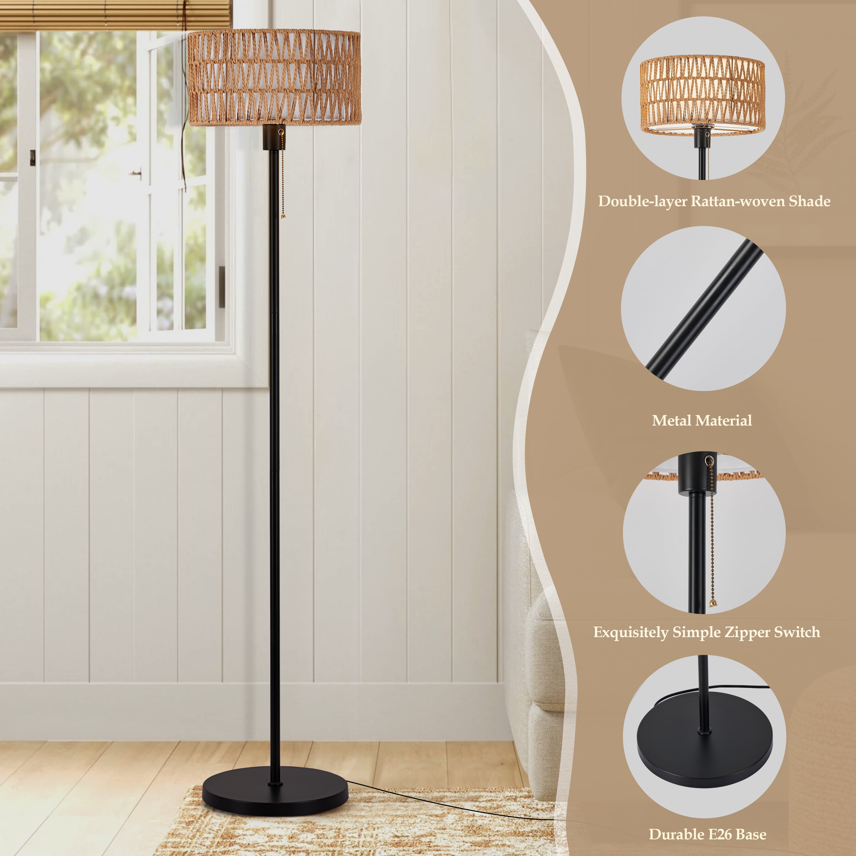 Rattan Floor Lamps for Living Room, Rattan Boho Floor Lamp, Black Metal Floor Lamp with Bulb, Rattan Fabric Double Shades, Farmhouse Rustic Floor Lamp, Standing Lamp for Living Room Bedroom Office - Image 7