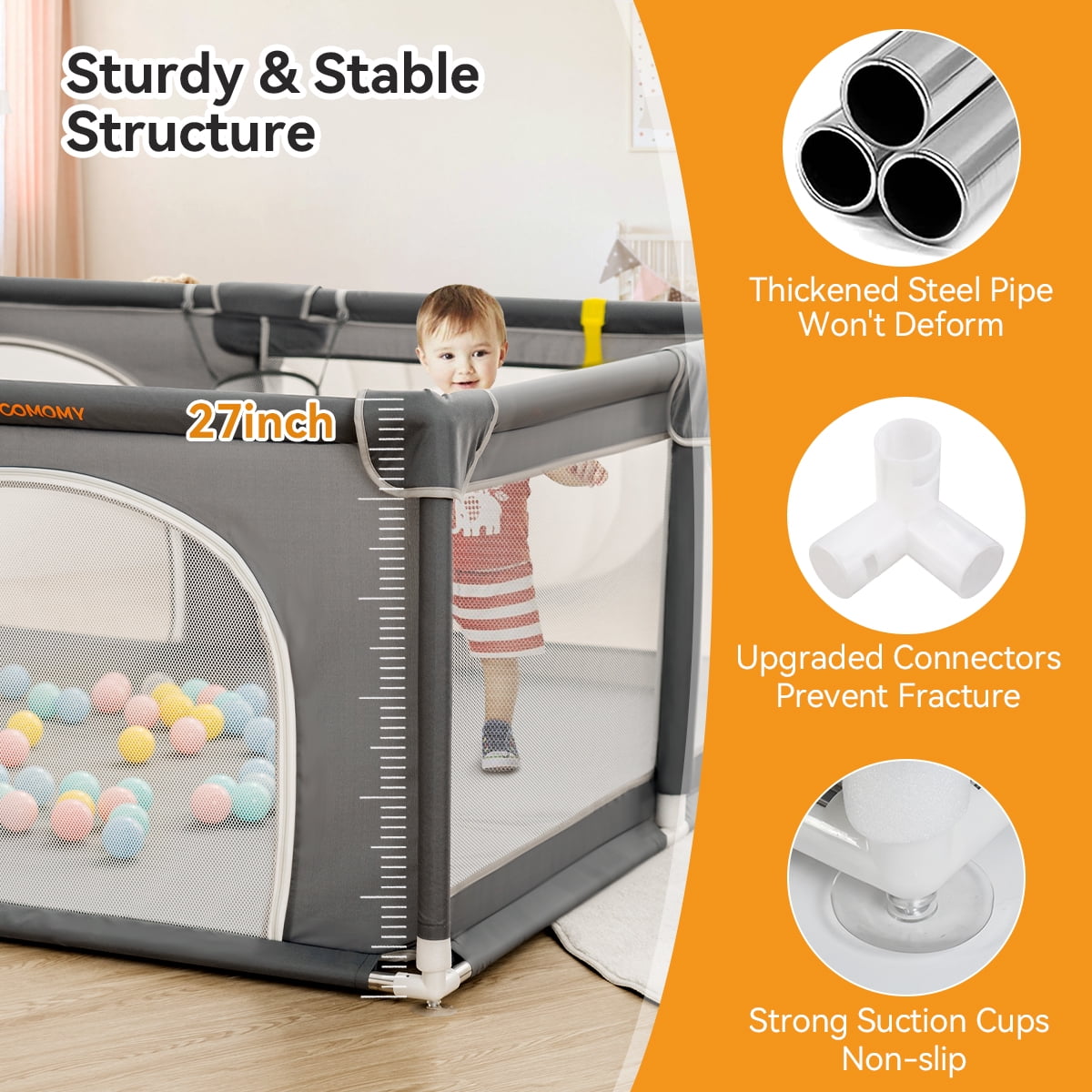 Large Baby Playpen, 79x63x27inch Activity Center Playard for Babies and Toddlers, Gray - Image 6