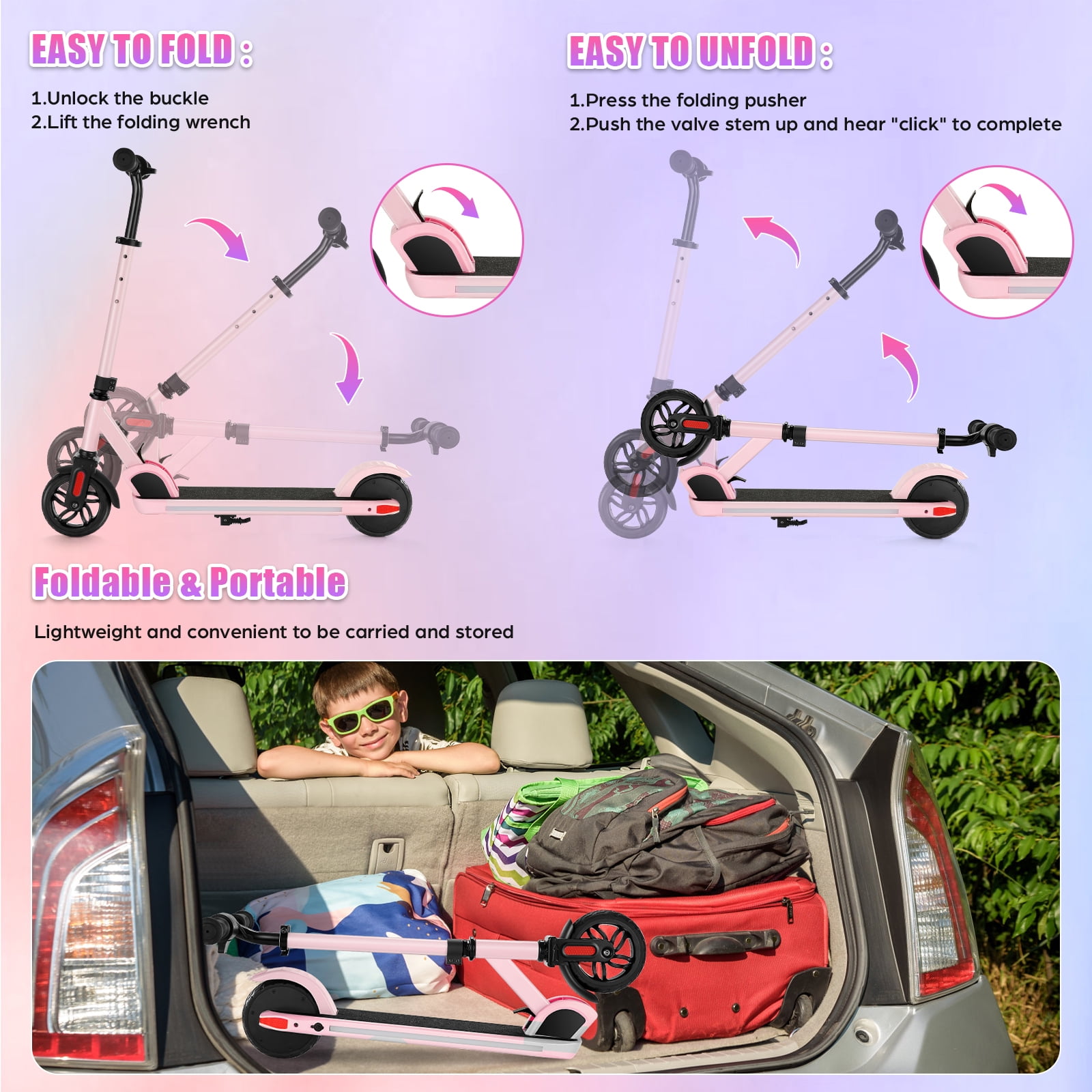 SANOPY Electric Scooter for Kids Ages 6-14, Adjustable Speed & Height, Colorful Lights, LED Display, 150W Motor, up to 10 mph, 80 Mins Ride Time, Pink - Image 8