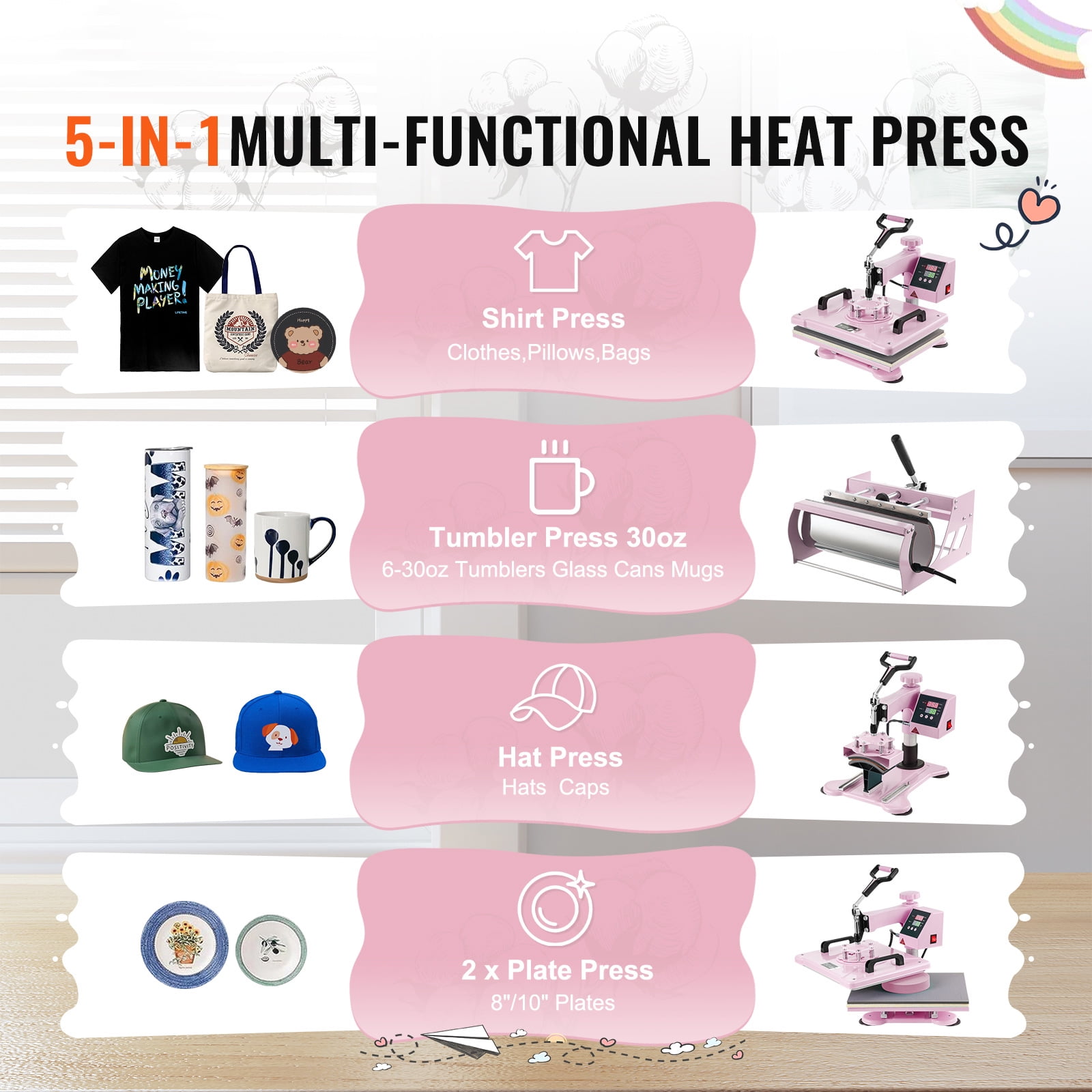 SKYSHALO Heat Press, 12x15 inch, 5-in-1 Transfer Tool with 30 oz Cup Press, Swivels 360° for T-Shirt/Mug/Hat/Plate Crafting, Digital Control, Pink - Image 9