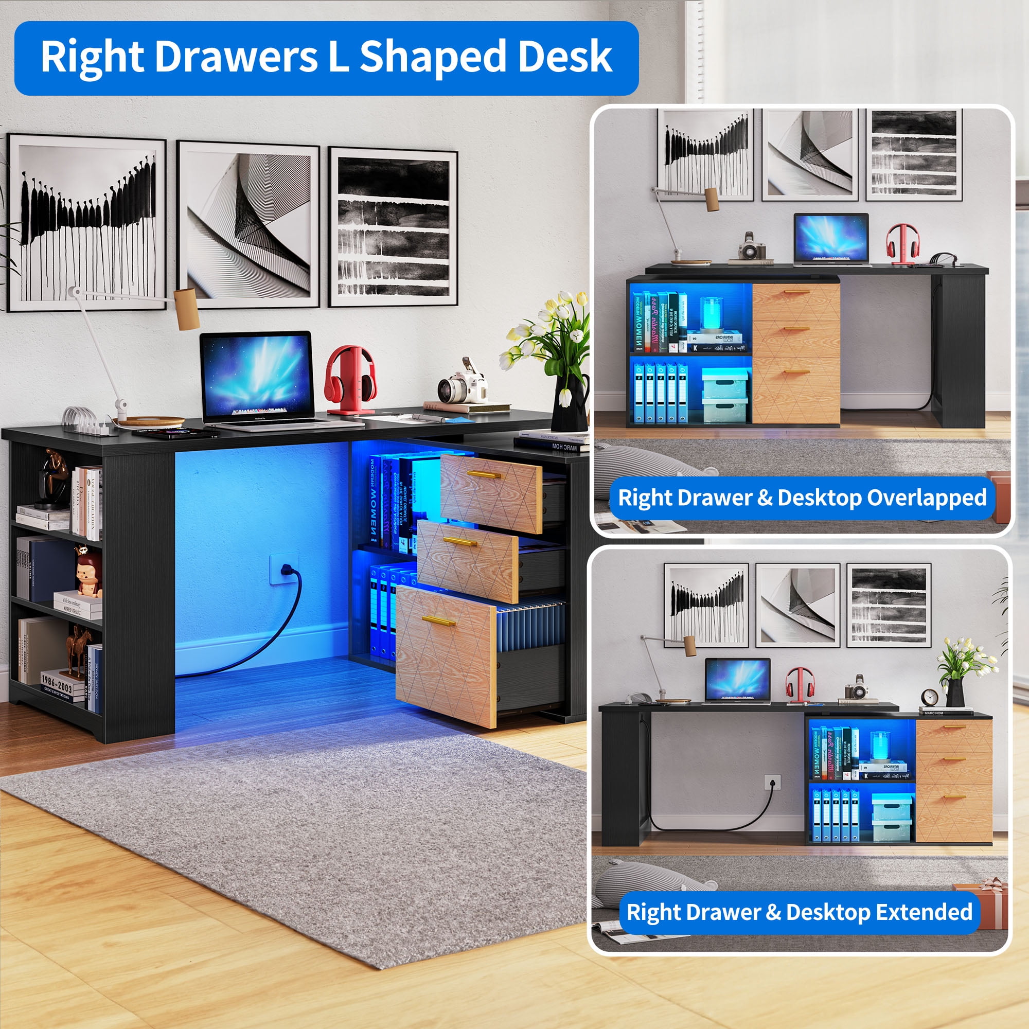 Dextrus L Shaped Desk with LED Light & Power Outlets, 59 inch Reversible Computer Desk with File Cabinet & Storage Shelves, Executive Desk Office Desk Writing Desk for Home Office, Black - Image 7