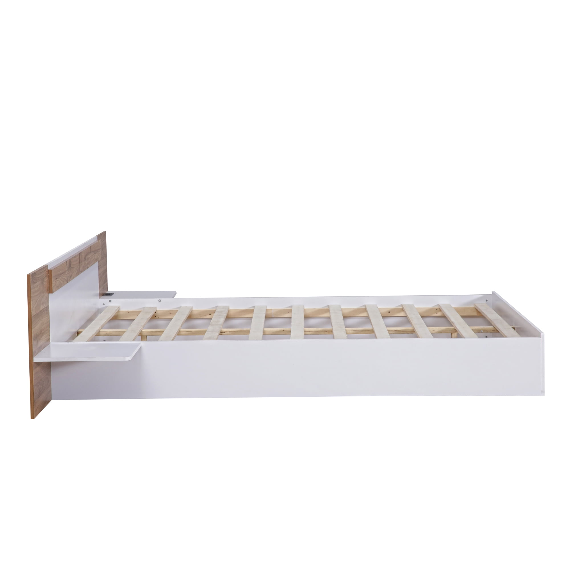 Euroco Wood Queen Size Platform Bed with Shelf and Charging Station for Adults, Beige - Image 4