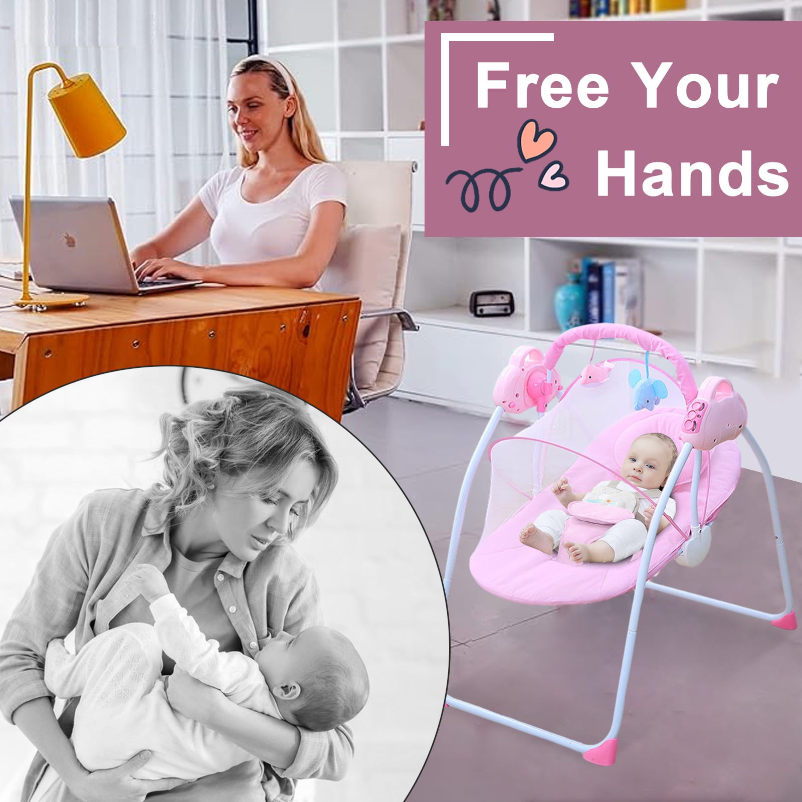 ANJORALA Baby Swings for Infants Toddler, Portable Newborn Swing Bouncer, Bluetooth(Pink) - Image 2