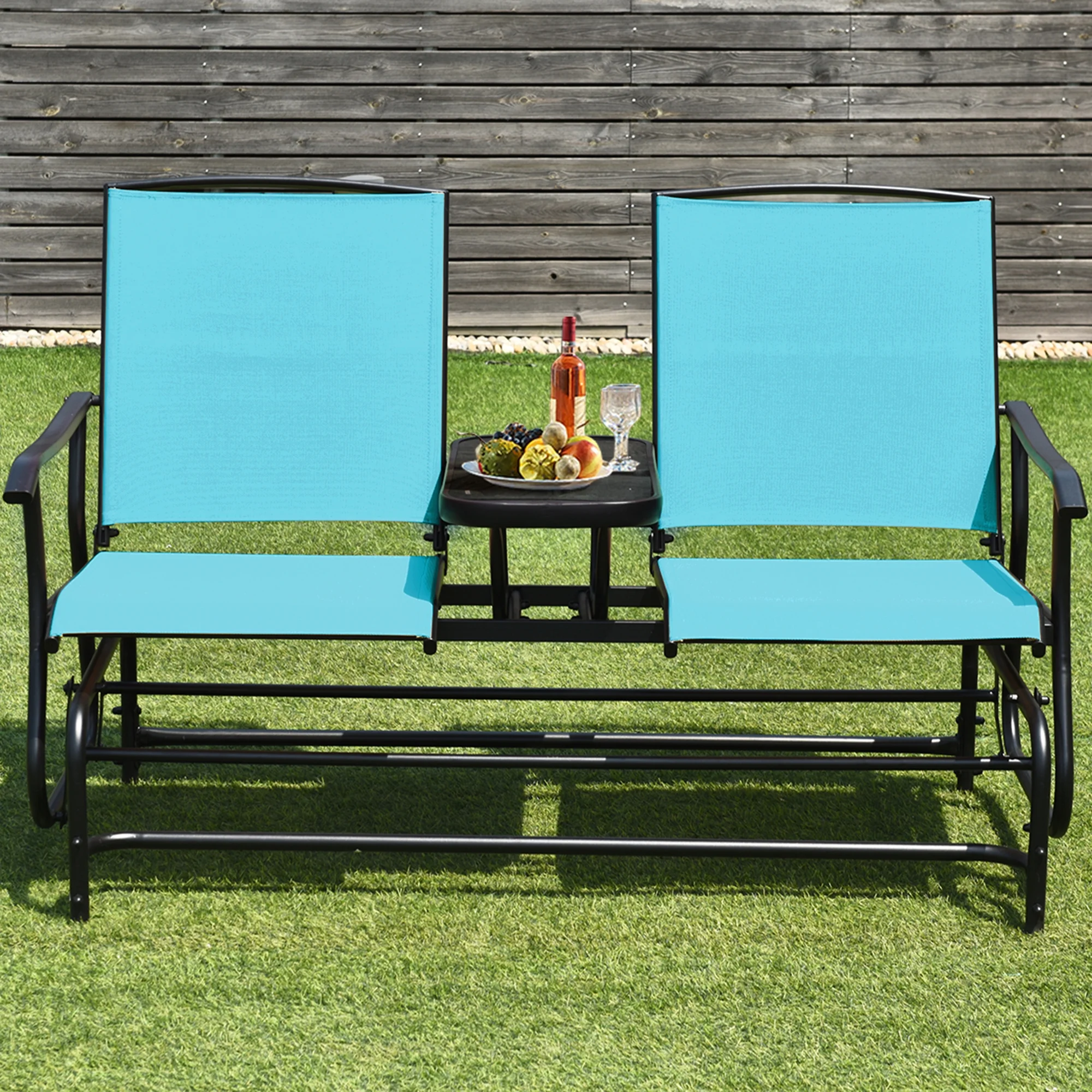 Gymax Patio 2-Person Glider Rocking Char Loveseat Garden w/ Tempered Glass Table Turquoise - Image 5