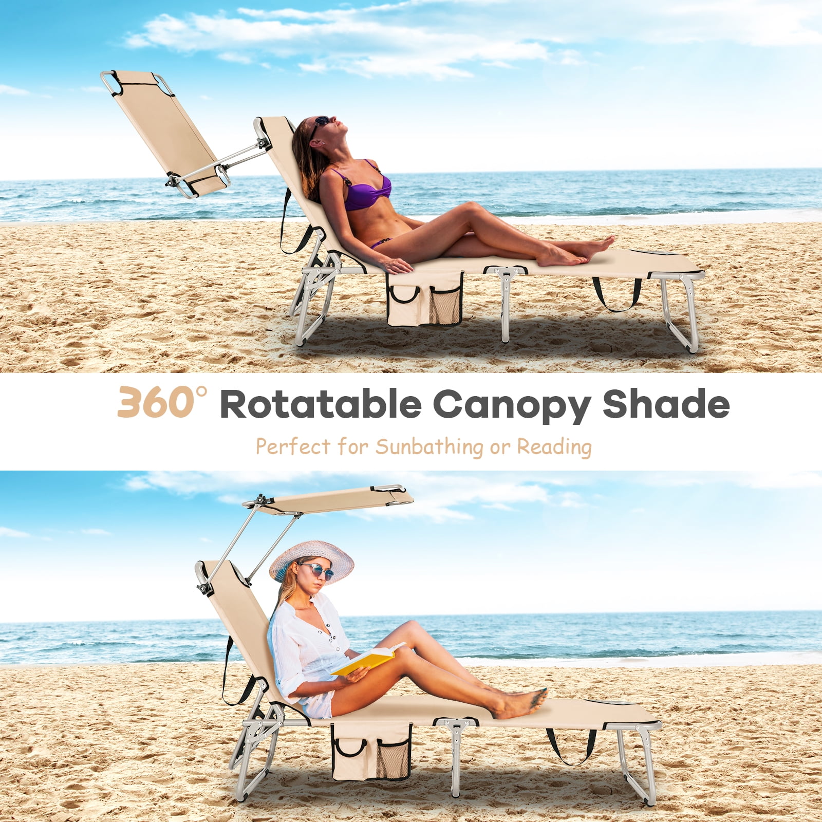 Gymax Foldable Lounge Chair Adjustable Outdoor Beach Patio Pool Recliner Beige W/ Sun Shade - Image 2