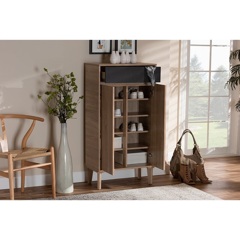 Fella Mid-Century Modern Two-Tone Oak Brown and Dark Gray Entryway Shoe Cabinet with Drawer - Image 5