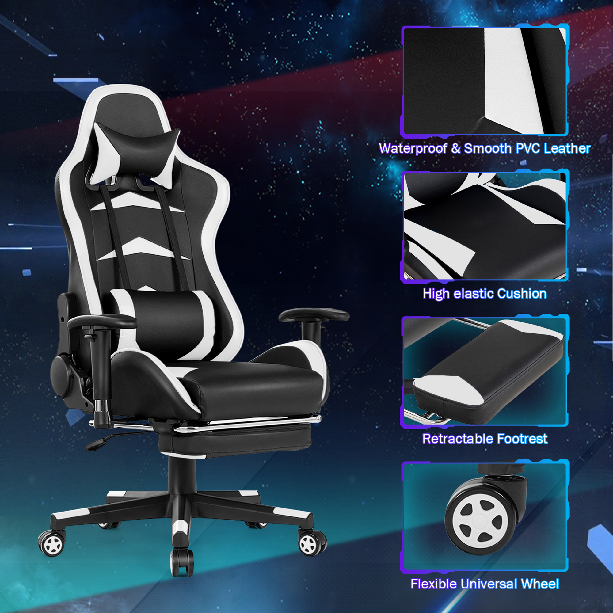 Gymax Gaming Desk&Massage Gaming Chair Set w/ Footrest Monitor Shelf Power Strip White - Image 4