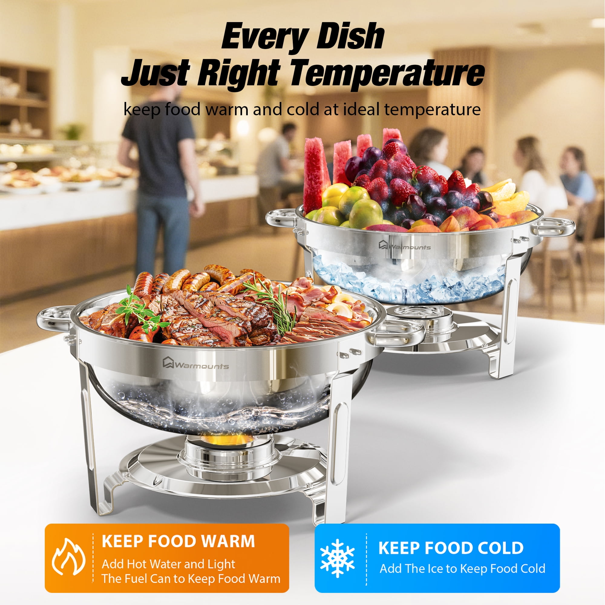 WARMOUNTS Round Chafing Dish Buffet Set 4 Pack, 5QT Polished Stainless Steel Chafing Dish, Buffet Servers and Warmers Set with Lid & Holder for Party, No Finger Cuts - Image 10