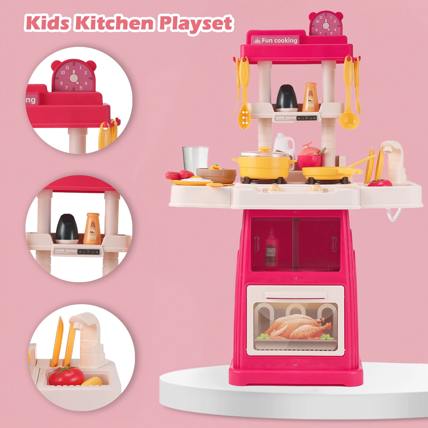 Zacro Play Kitchen Set for Kids, 48Pcs Kids Play Kitchen Toys with Realistic Lights & Sounds, Simulation of Play Sink, Toy Kitchen Set for Toddlers Girls Boys Gift, Pink - Image 2