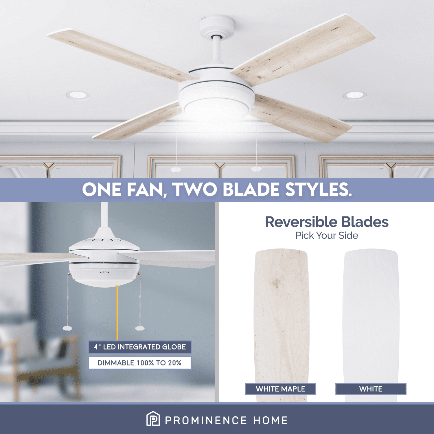 Prominence Home Kailani 52" Bright White Modern Ceiling Fan with 4 Blades, Integrated LED Light Kit, Pull Chains & Reverse Airflow - Image 3