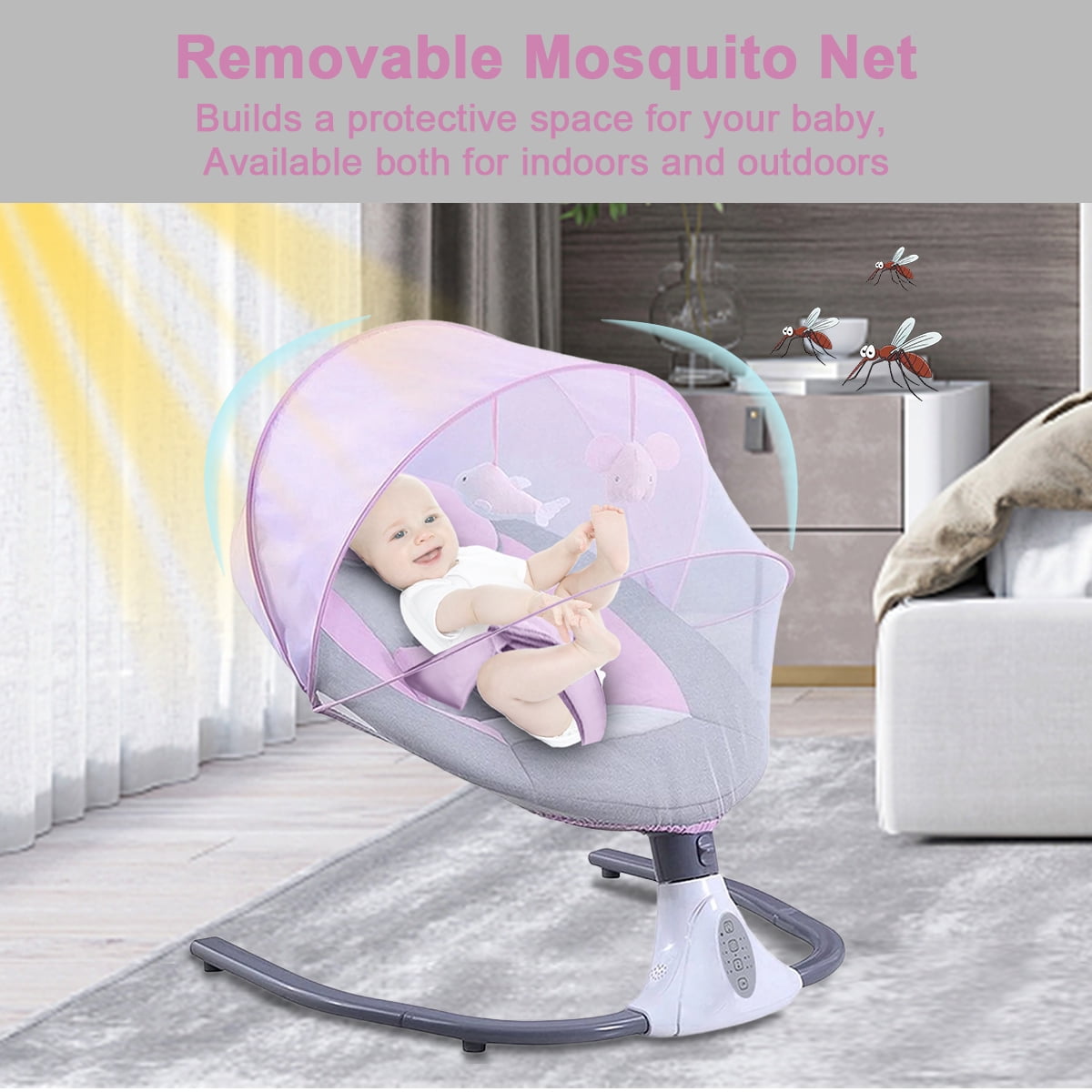 FACNOATIHN Electric Baby Swing, Infant Bouncer Chair Rocker with 12 Lullabies, Bluetooth Music, Adjustable Speeds, 4 Timing Set, Unisex, Pink - Image 8