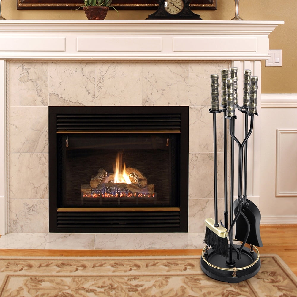 Amagabeli 30in Fireplace Tools Set Brass Handle 5Pieces Wrought Iron Indoor Fireset Stand Wood Log Holder Outdoor Fire Pit Hearth Accessories Kit Antique Fire Tongs Shovel Brush Chimney Poker Tool Set - Image 2