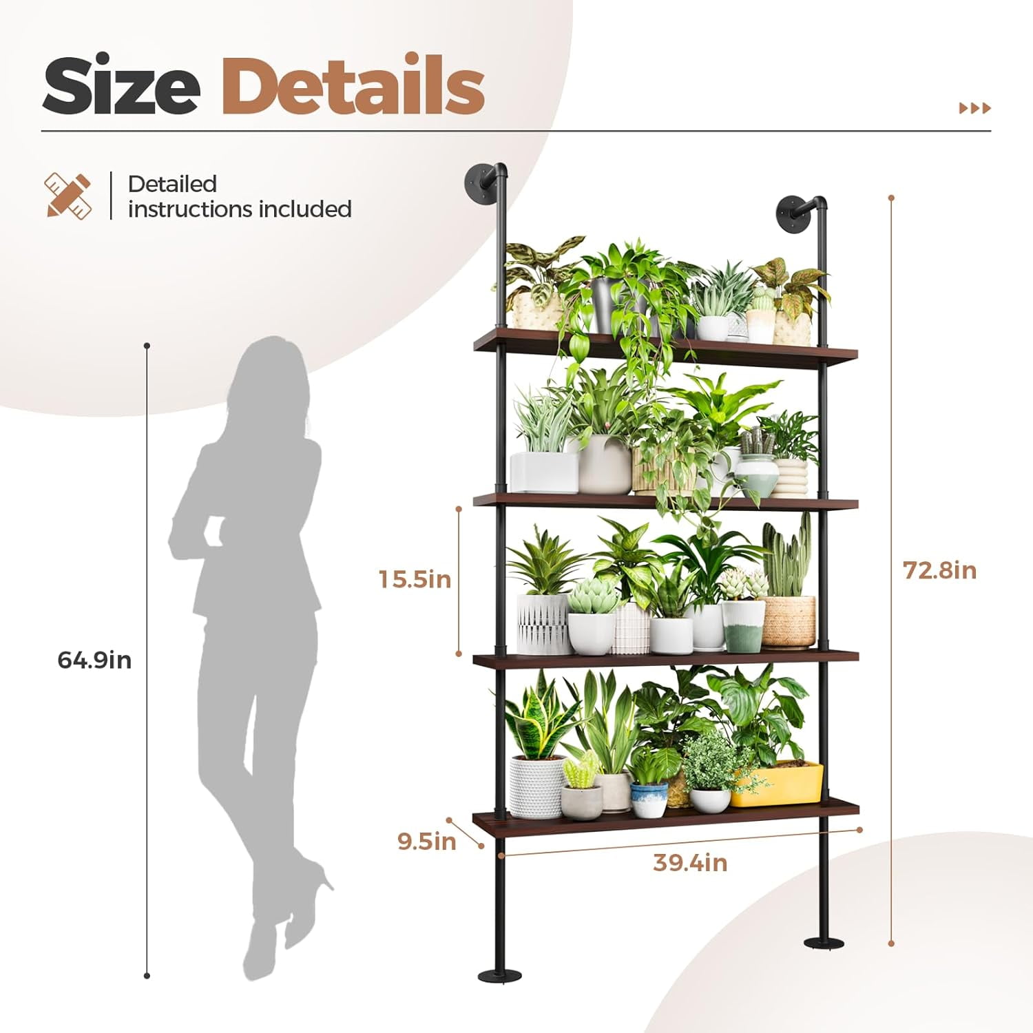 Bamworld Large Plant Shelf Indoor 4-Tier Tall Plant Rack 73in Wall Mount Metal Plant Stand Large Plant Holder - Image 4