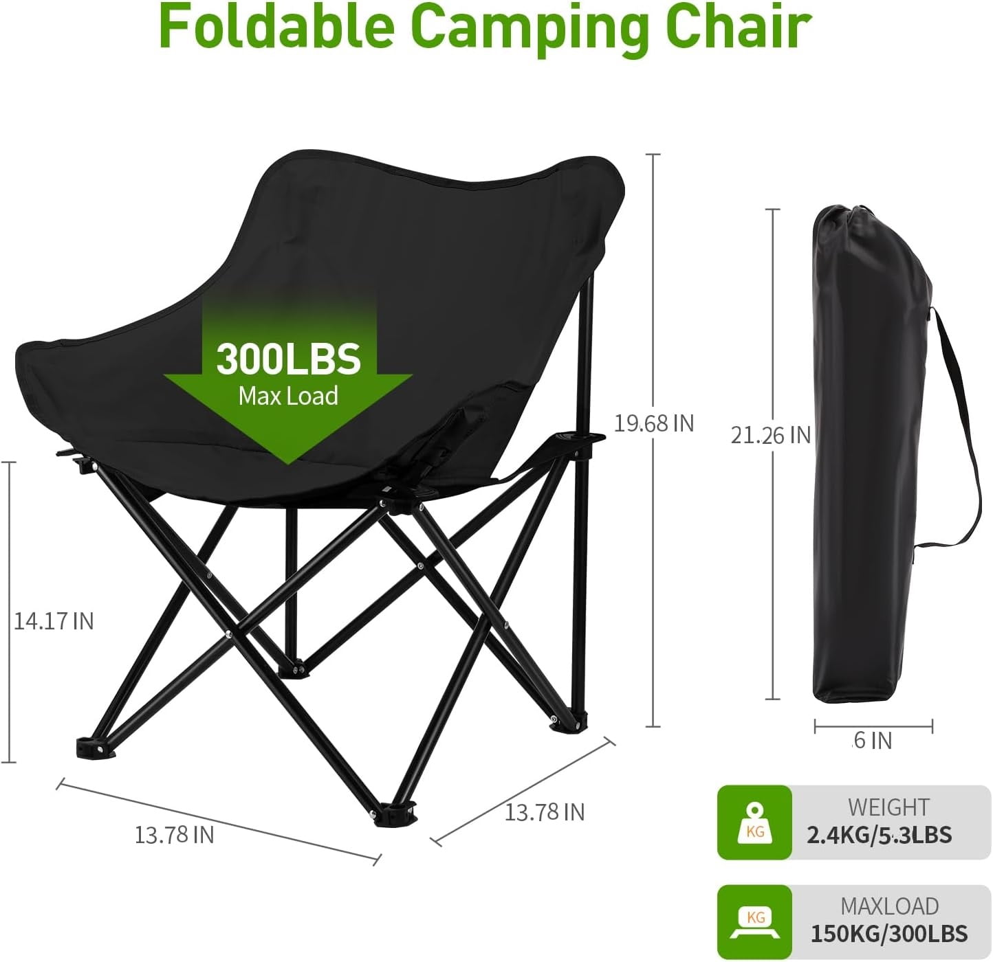 GVDV Foldable Camping Chair with Side Pocket, 600D Waterproof Oxford Cloth, Black - Image 6