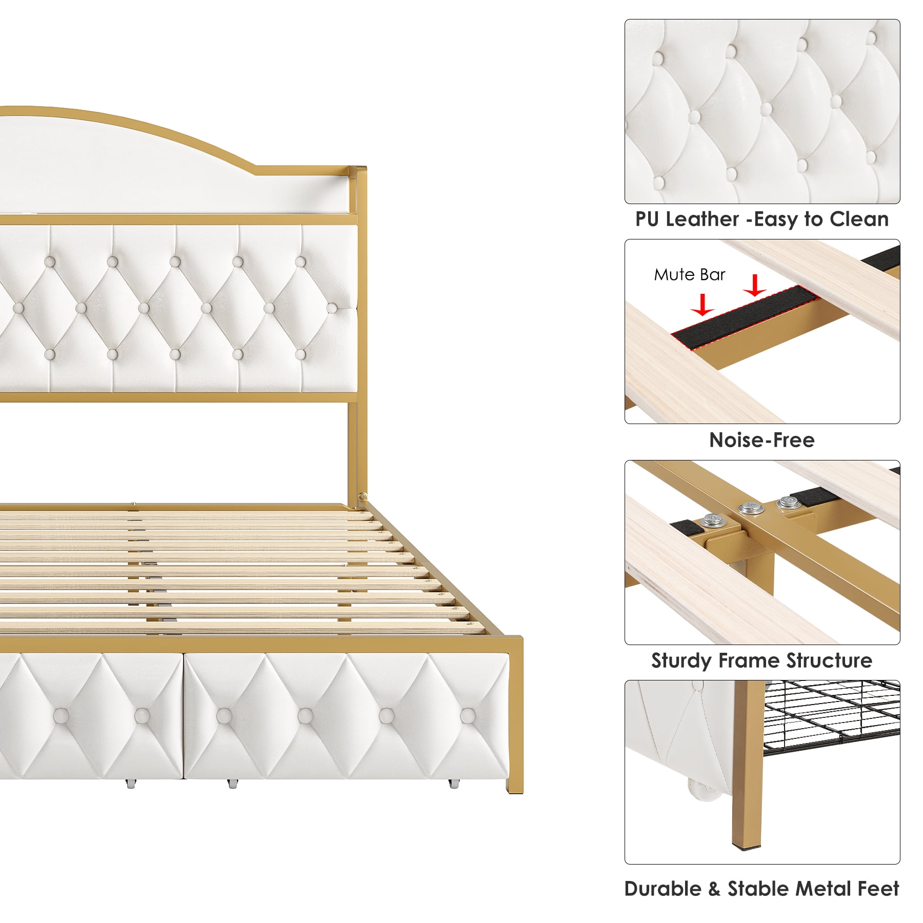 Homfa King Size Storage Bed with 3 Drawers, PU Leather Upholstered Bed with Shelving and Charging , White - Image 9
