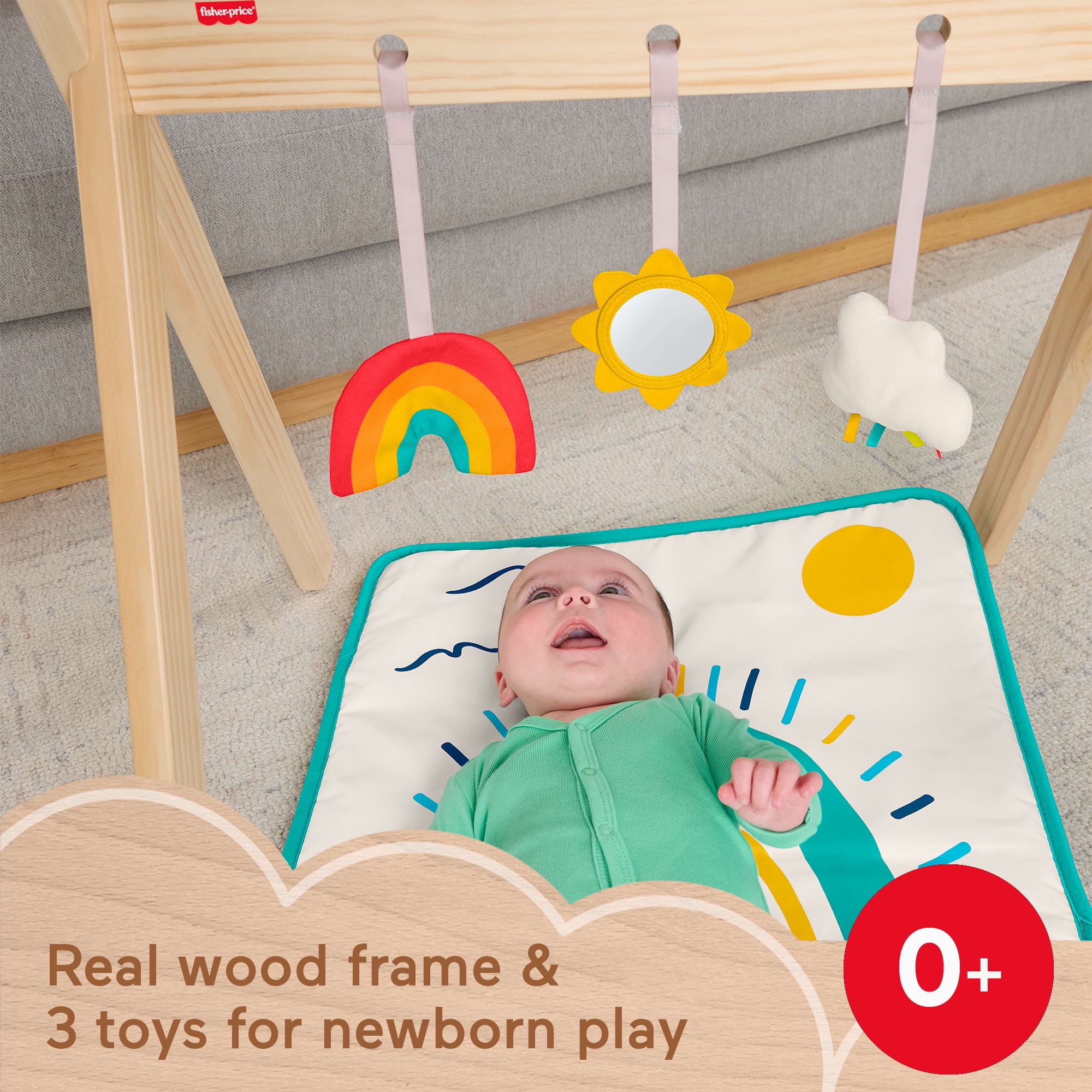 Fisher-Price Wooden Activity Gym, Wood Frame with 3 Sensory Toys & Mat for Newborn Babies - Image 3
