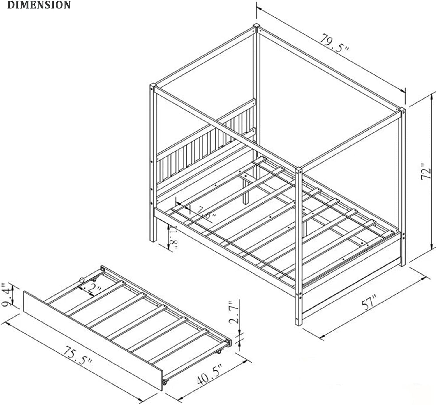 Miniyam Full Size Modern Canopy Bed with Trundle, Gray - Image 5