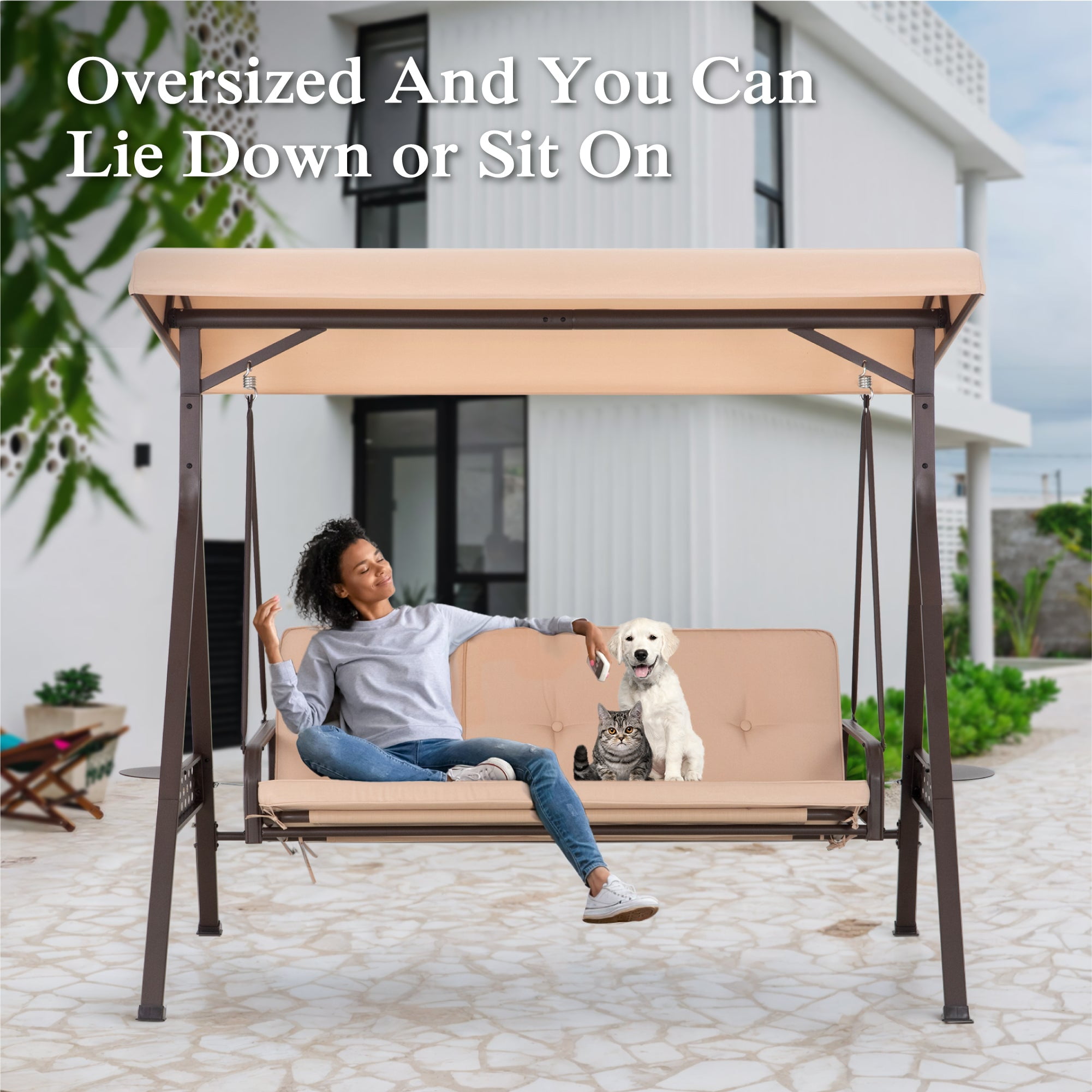 Sophia & William 3-Seat Outdoor Converting Canopy Swing Glider Patio Hammock with Side Table - Beige - Image 5